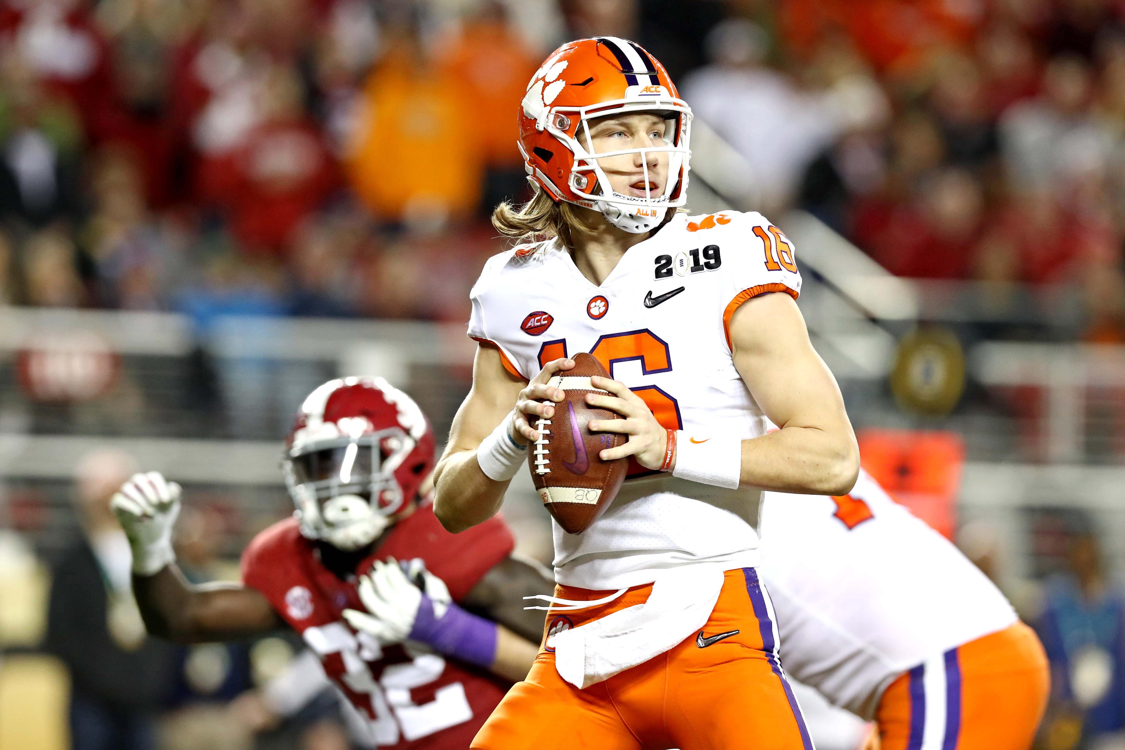 Jan 7, 2019; Santa Clara, CA, USA; Clemson Tigers quarterback Trevor Lawrence (16) throws a pass during the fourth quarter against the Alabama Crimson Tide during the 2019 College Football Playoff Championship game at Levi's Stadium. Mandatory Credit: Matthew Emmons-USA TODAY Sports / Matthew Emmons