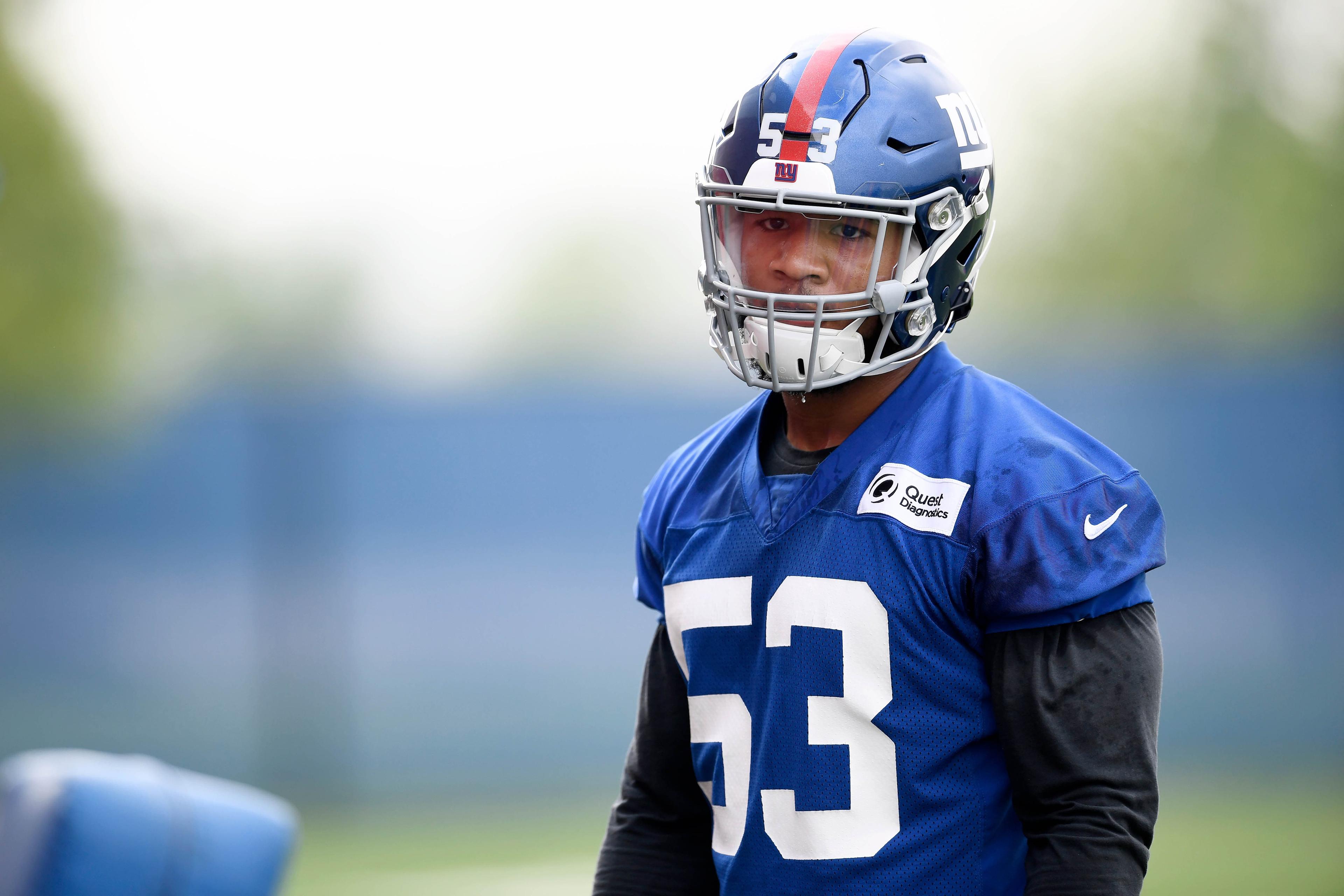 May 4, 2019; East Rutherford, NJ, USA; New York Giants outside linebacker draft pick Oshane Ximines (53) looks on during rookie minicamp at Quest Diagnostics Training Center. Mandatory Credit: Sarah Stier-USA TODAY Sports / Sarah Stier