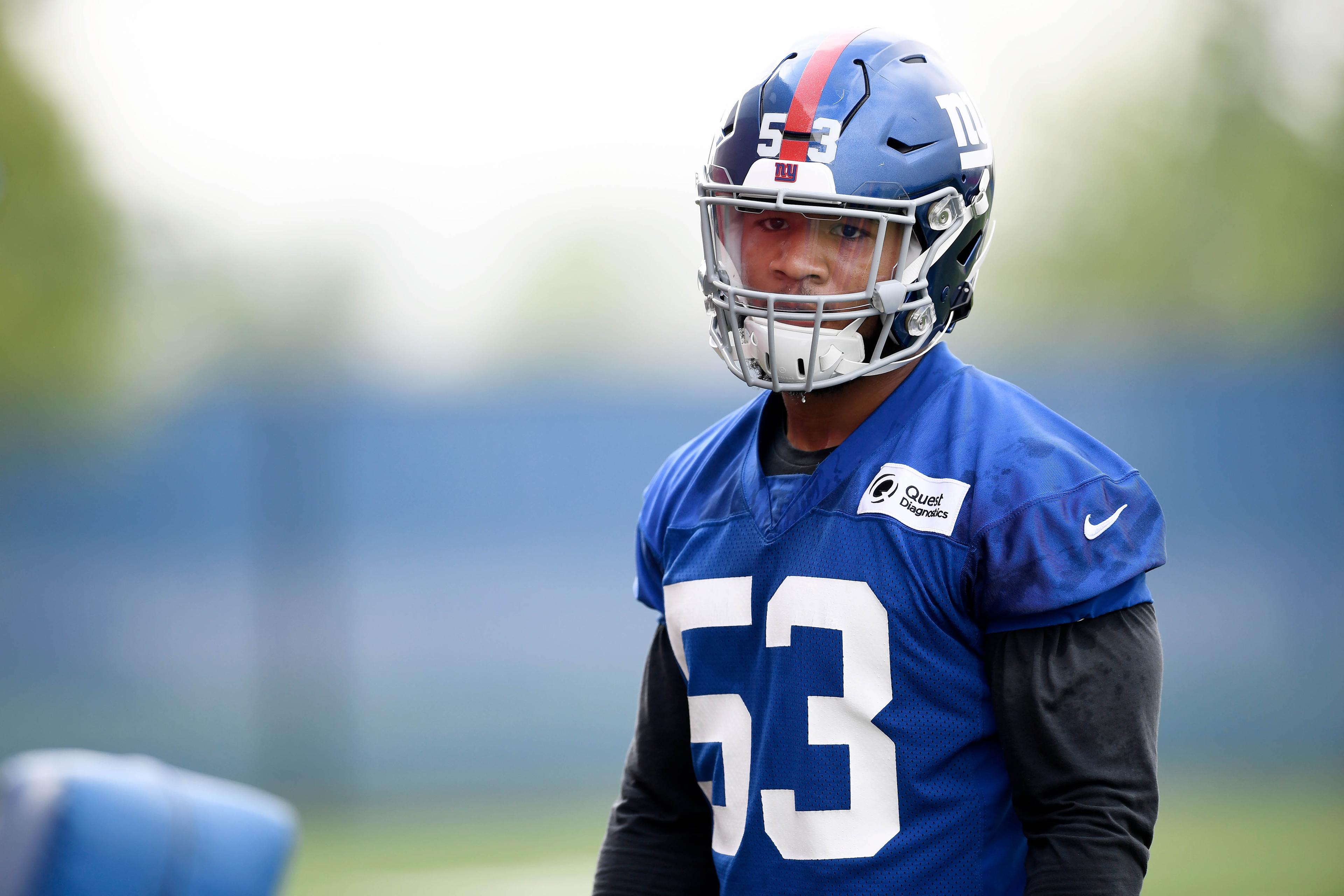 May 4, 2019; East Rutherford, NJ, USA; New York Giants outside linebacker draft pick Oshane Ximines (53) looks on during rookie minicamp at Quest Diagnostics Training Center. Mandatory Credit: Sarah Stier-USA TODAY Sports