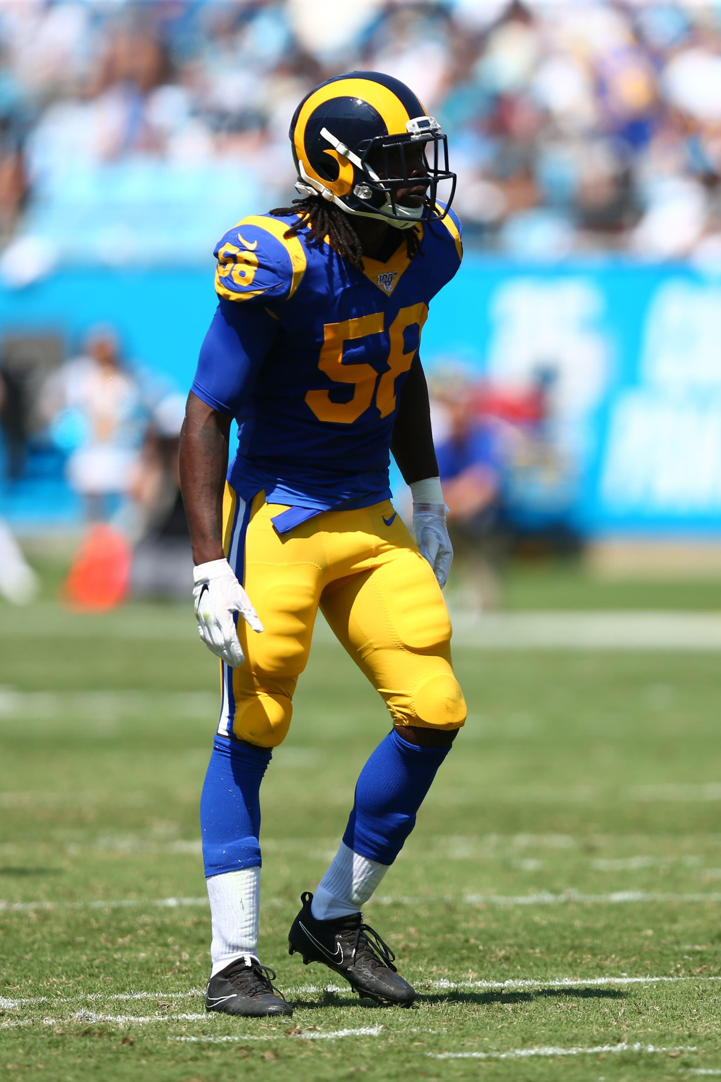 Sep 8, 2019; Charlotte, NC, USA; Los Angeles Rams inside linebacker Cory Littleton (58) lines up during the second quarter against the Carolina Panthers at Bank of America Stadium. Mandatory Credit: Jeremy Brevard-USA TODAY Sports / Jeremy Brevard