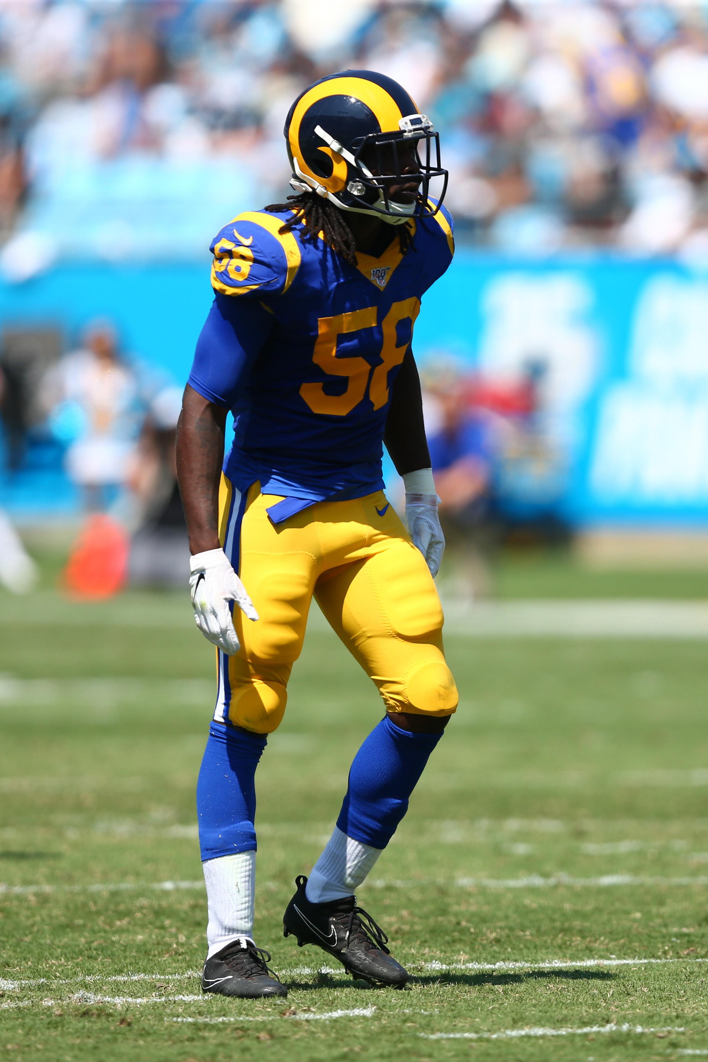 Sep 8, 2019; Charlotte, NC, USA; Los Angeles Rams inside linebacker Cory Littleton (58) lines up during the second quarter against the Carolina Panthers at Bank of America Stadium. Mandatory Credit: Jeremy Brevard-USA TODAY Sports