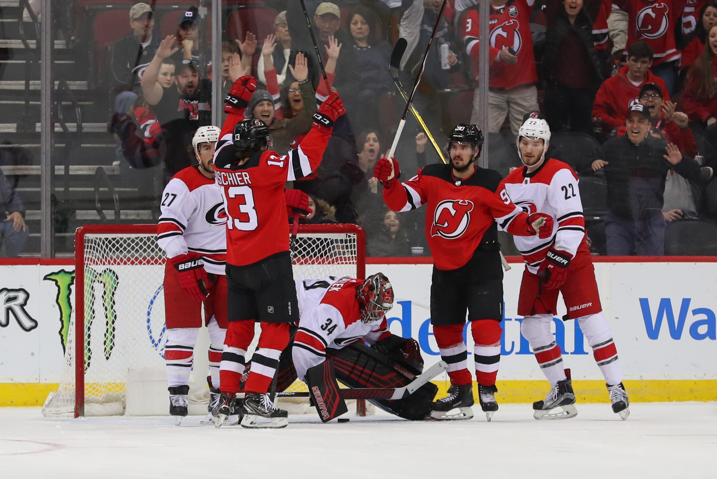 New Jersey Devils left wing Marcus Johansson celebrates after scoring a goal during the first period of their game against the Carolina Hurricanes at Prudential Center. / Ed Mulholland/USA TODAY Sports