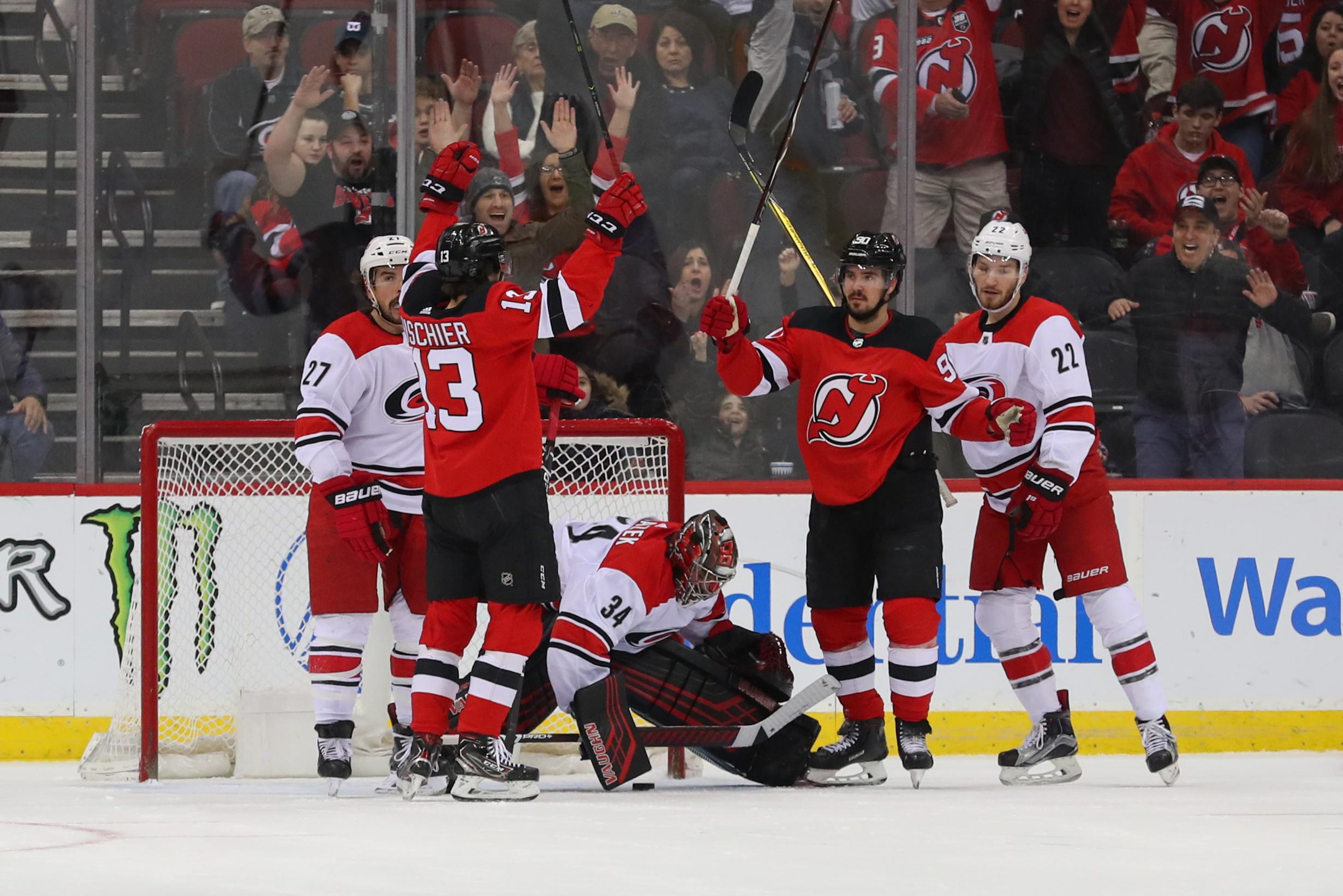 New Jersey Devils left wing Marcus Johansson celebrates after scoring a goal during the first period of their game against the Carolina Hurricanes at Prudential Center.