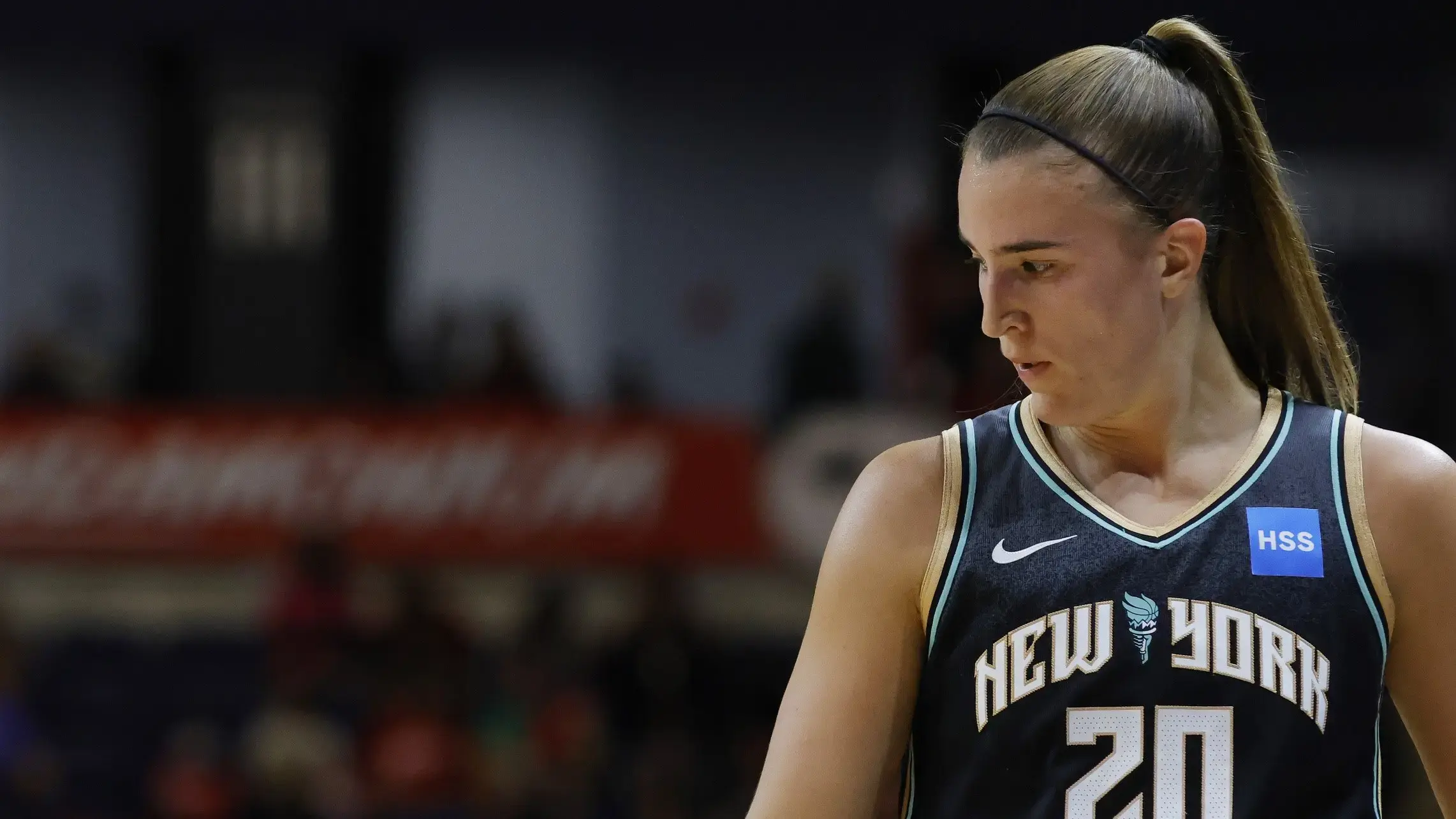 May 19, 2023; Washington, District of Columbia, USA; New York Liberty guard Sabrina Ionescu (20) stands on the court against the Washington Mystics at Entertainment & Sports Arena. / Geoff Burke-USA TODAY Sports