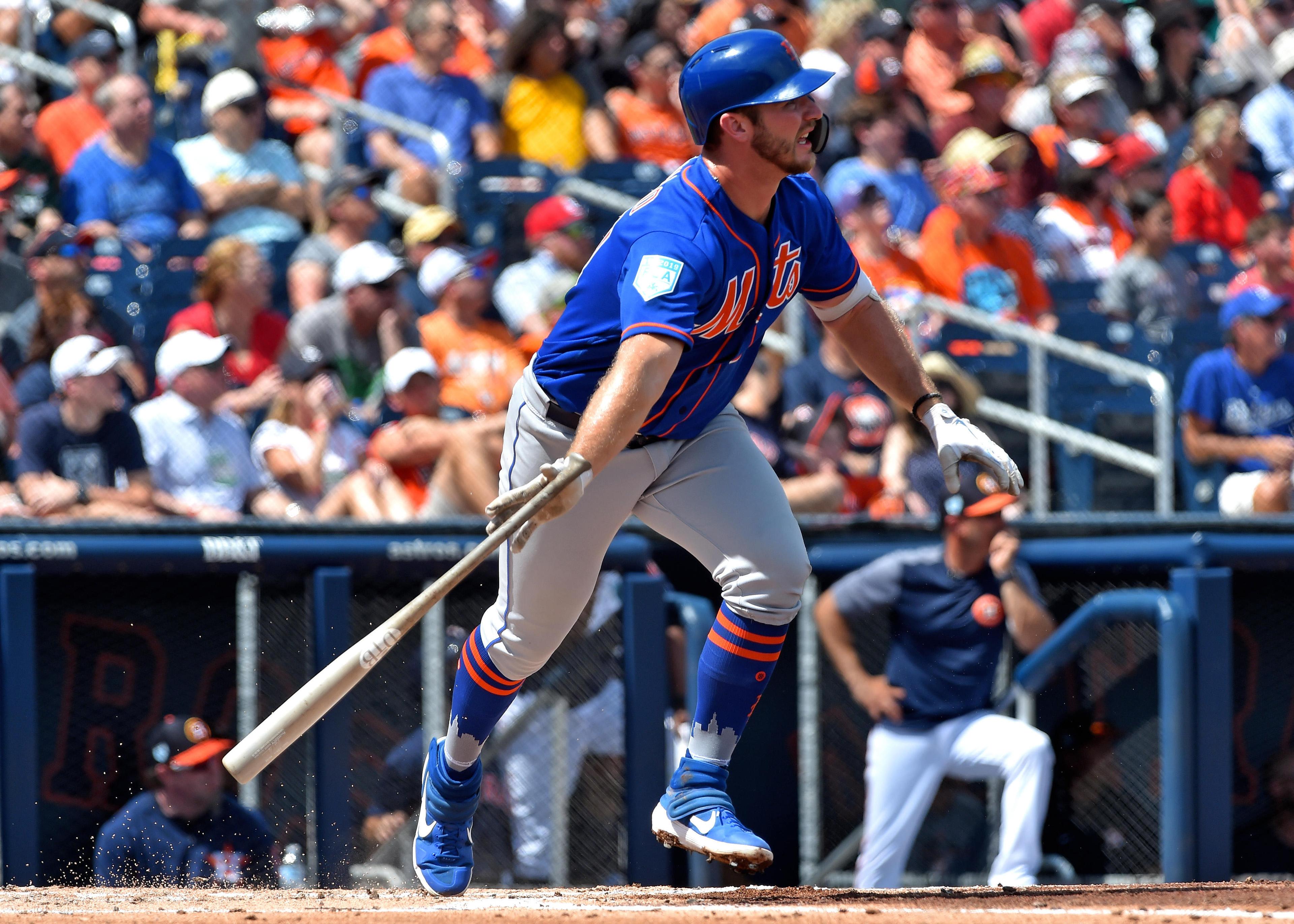 Mar 11, 2019; West Palm Beach, FL, USA; New York Mets first baseman Pete Alonso (20) connects for a double against the Houston Astros during a spring training game at FITTEAM Ballpark of the Palm Beaches. Mandatory Credit: Steve Mitchell-USA TODAY Sports