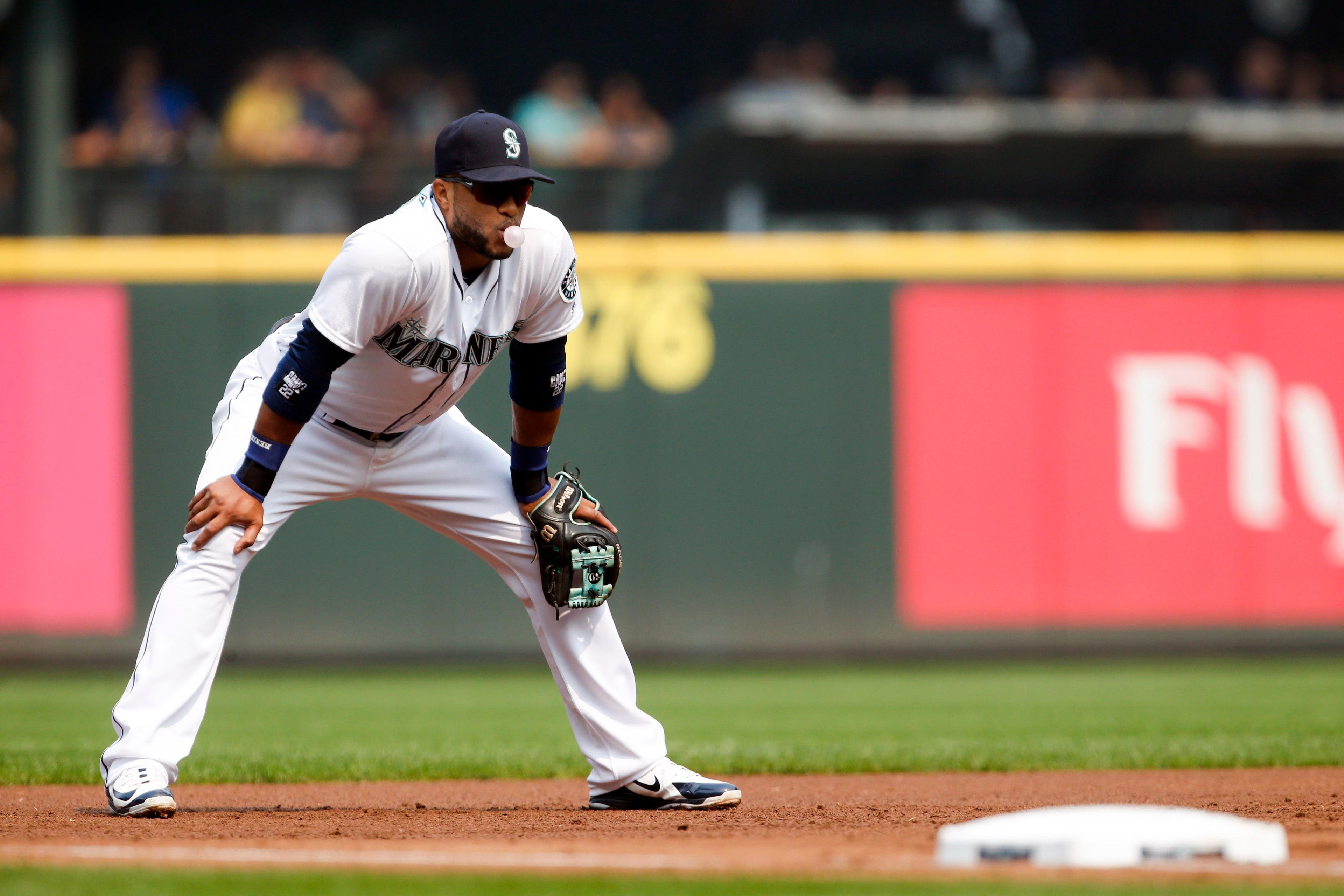 Aug 21, 2018; Seattle, WA, USA; Seattle Mariners third baseman Robinson Cano (22) waits between pitches against the Houston Astros during the third inning at Safeco Field. Mandatory Credit: Joe Nicholson-USA TODAY Sports / Joe Nicholson