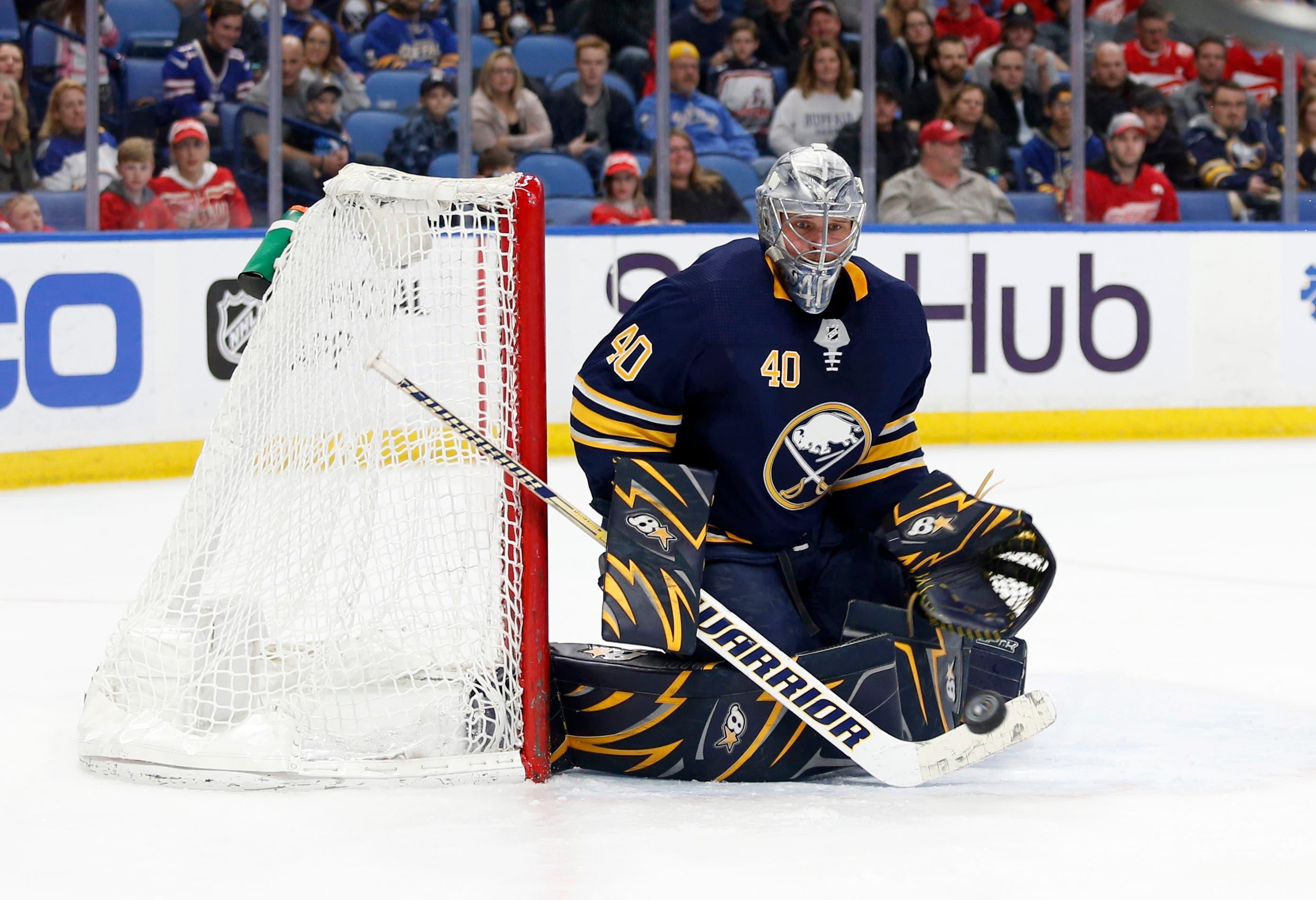 Mar 29, 2018; Buffalo, NY, USA; Buffalo Sabres goaltender Robin Lehner (40) looks to make a save during the first period against the Detroit Red Wings at KeyBank Center. Mandatory Credit: Timothy T. Ludwig-USA TODAY Sports / Timothy T. Ludwig