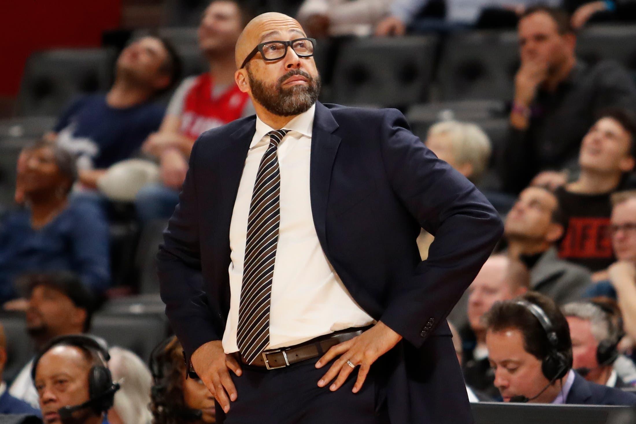 Nov 6, 2019; Detroit, MI, USA; New York Knicks head coach David Fizdale looks up during the fourth quarter against the Detroit Pistons at Little Caesars Arena. Mandatory Credit: Raj Mehta-USA TODAY Sports / Raj Mehta