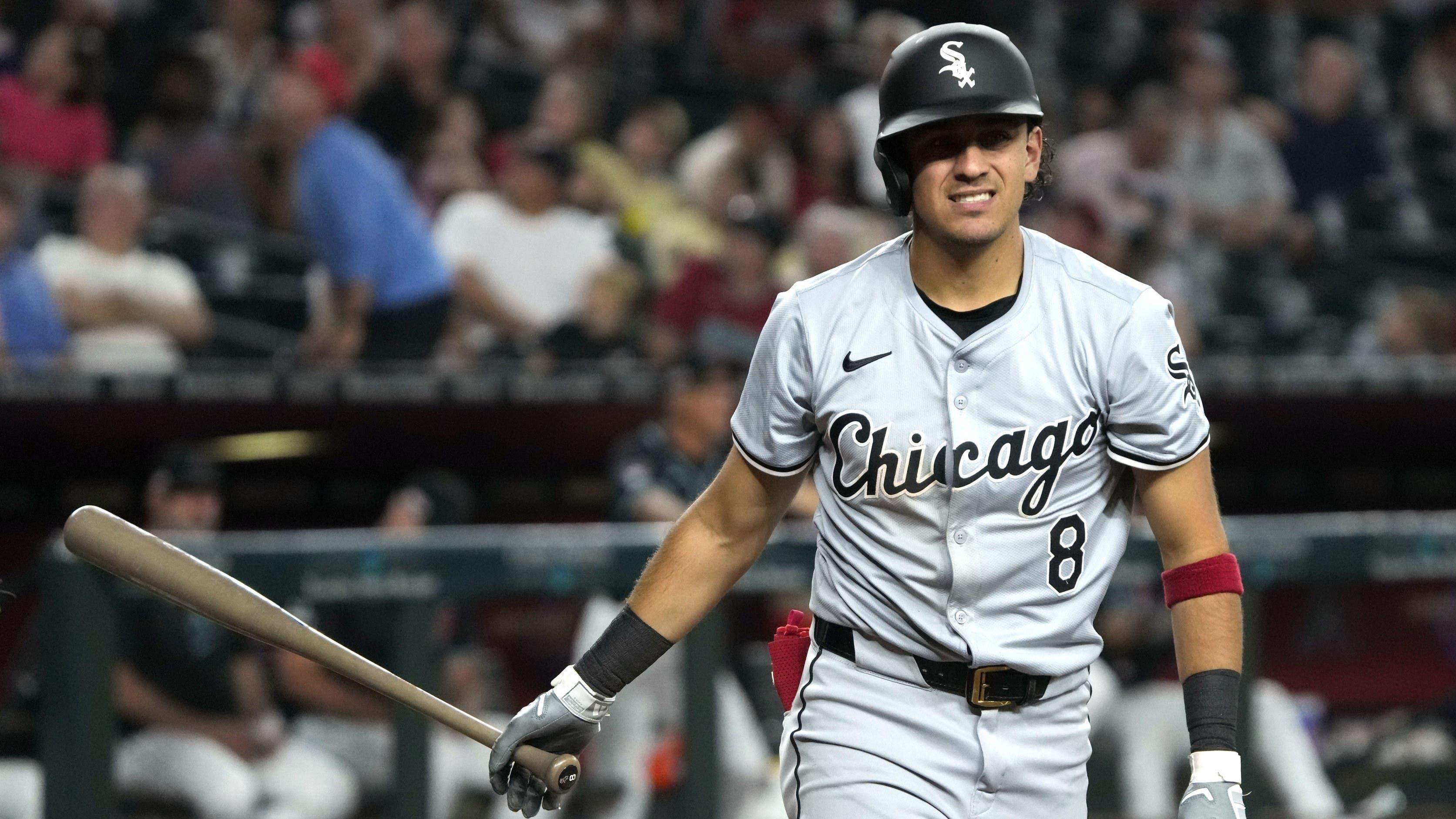 Jun 14, 2024; Phoenix, Arizona, USA; Chicago White Sox second base Nicky Lopez (8) reacts after striking out against the Arizona Diamondbacks in the fourth inning at Chase Field. / Rick Scuteri-Imagn Images