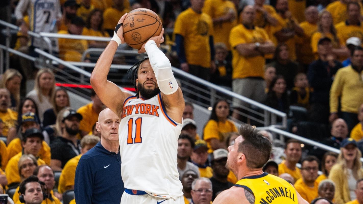 May 17, 2024; Indianapolis, Indiana, USA; New York Knicks guard Jalen Brunson (11) shoots the ball while Indiana Pacers guard T.J. McConnell (9) defends during game six of the second round for the 2024 NBA playoffs at Gainbridge Fieldhouse. / Trevor Ruszkowski-USA TODAY Sports