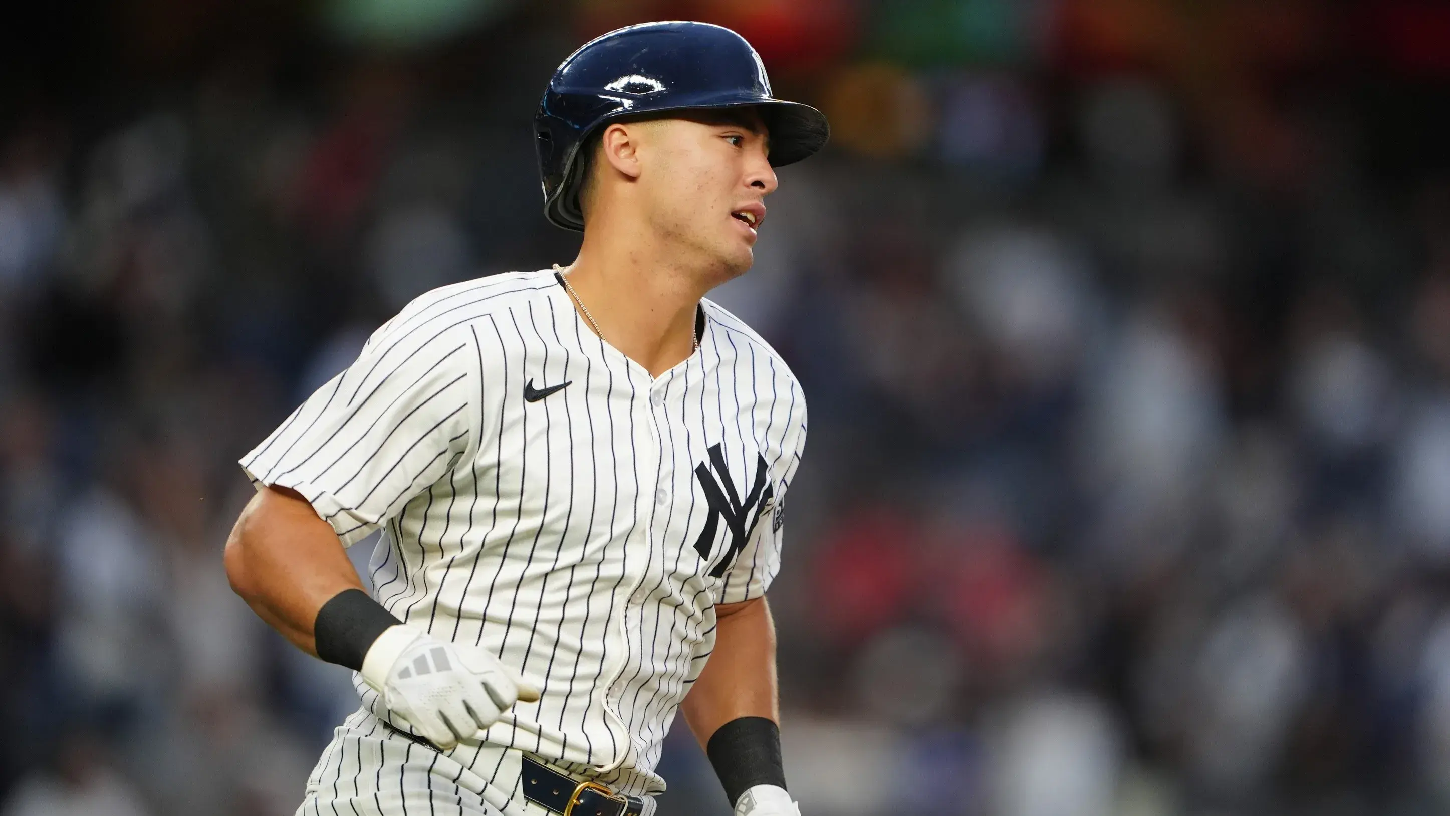 Apr 8, 2024; Bronx, New York, USA; New York Yankees shortstop Anthony Volpe (11) rounds the bases after hitting a three run home run against the Miami Marlins during the fourth inning at Yankee Stadium. / Gregory Fisher-USA TODAY Sports