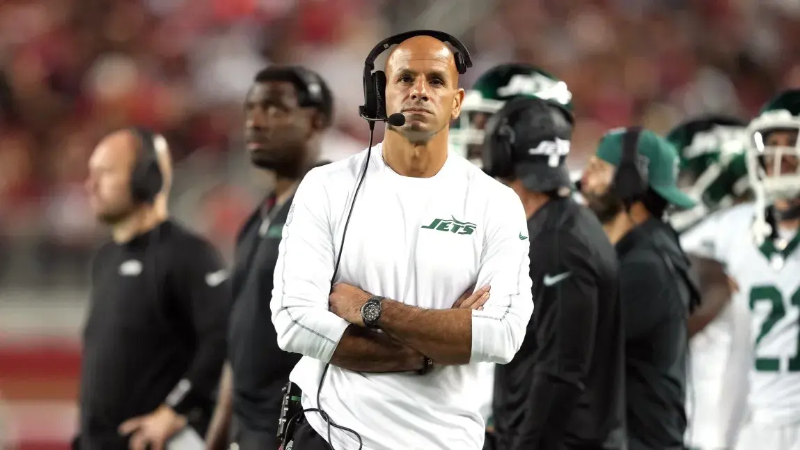 New York Jets head coach Robert Saleh walks along the sideline during the fourth quarter against the San Francisco 49ers at Levi's Stadium. / Darren Yamashita-Imagn Images