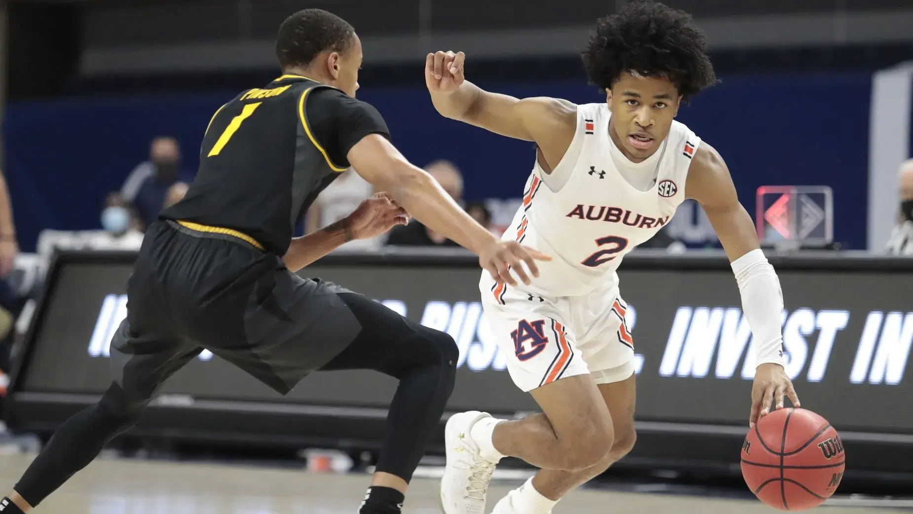 Jan 26, 2021; Auburn, Alabama, USA; Auburn Tigers guard Sharife Cooper (2) drives to the basket against Missouri Tigers guard Xavier Pinson (1) during the first half at Auburn Arena. / John Reed-USA TODAY Sports