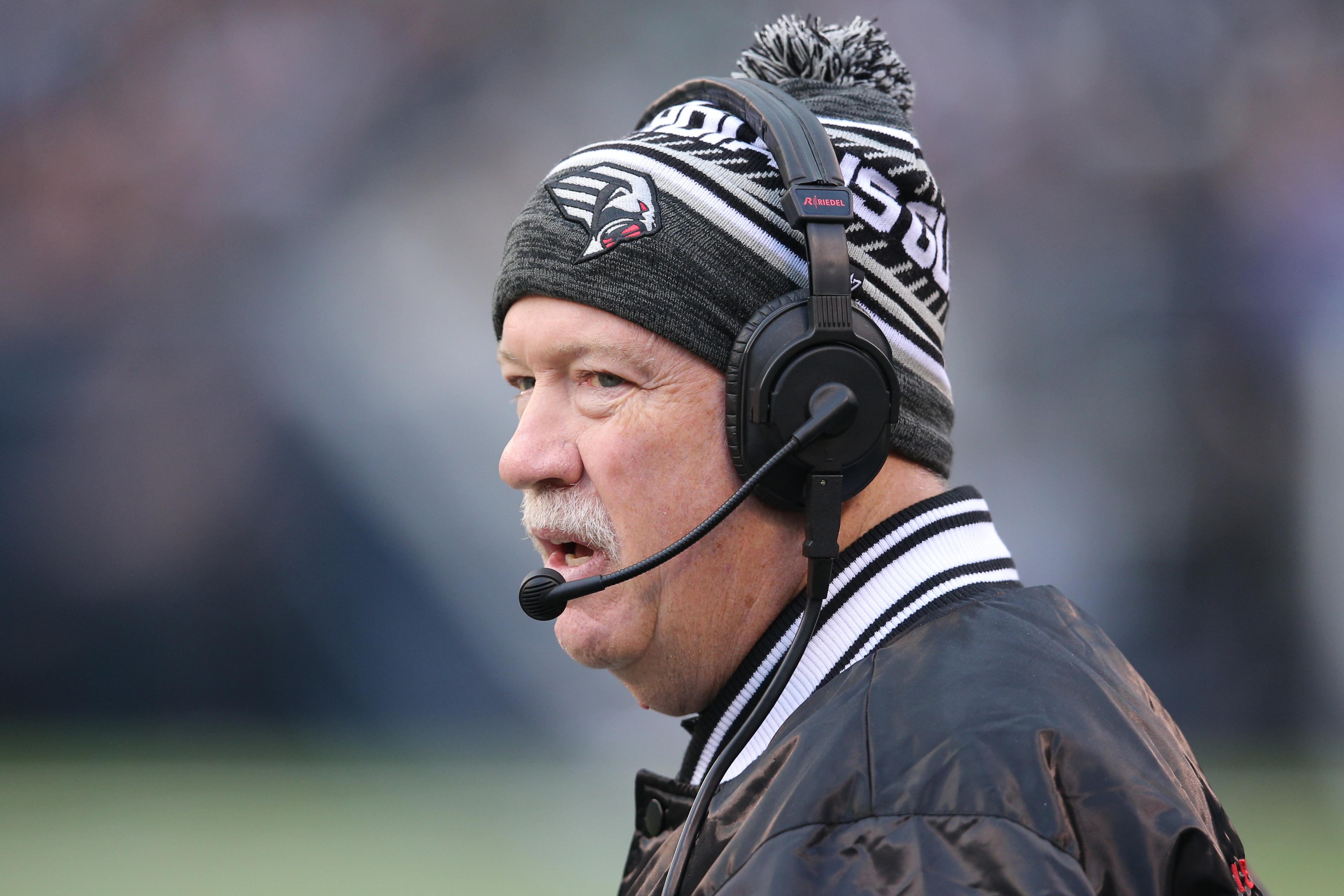 Feb 9, 2020; East Rutherford, NJ, USA; New York Guardians head coach Kevin Gilbride coaches against the Tampa Bay Vipers during the third quarter of an XFL football game at MetLife Stadium. Mandatory Credit: Brad Penner-USA TODAY Sports