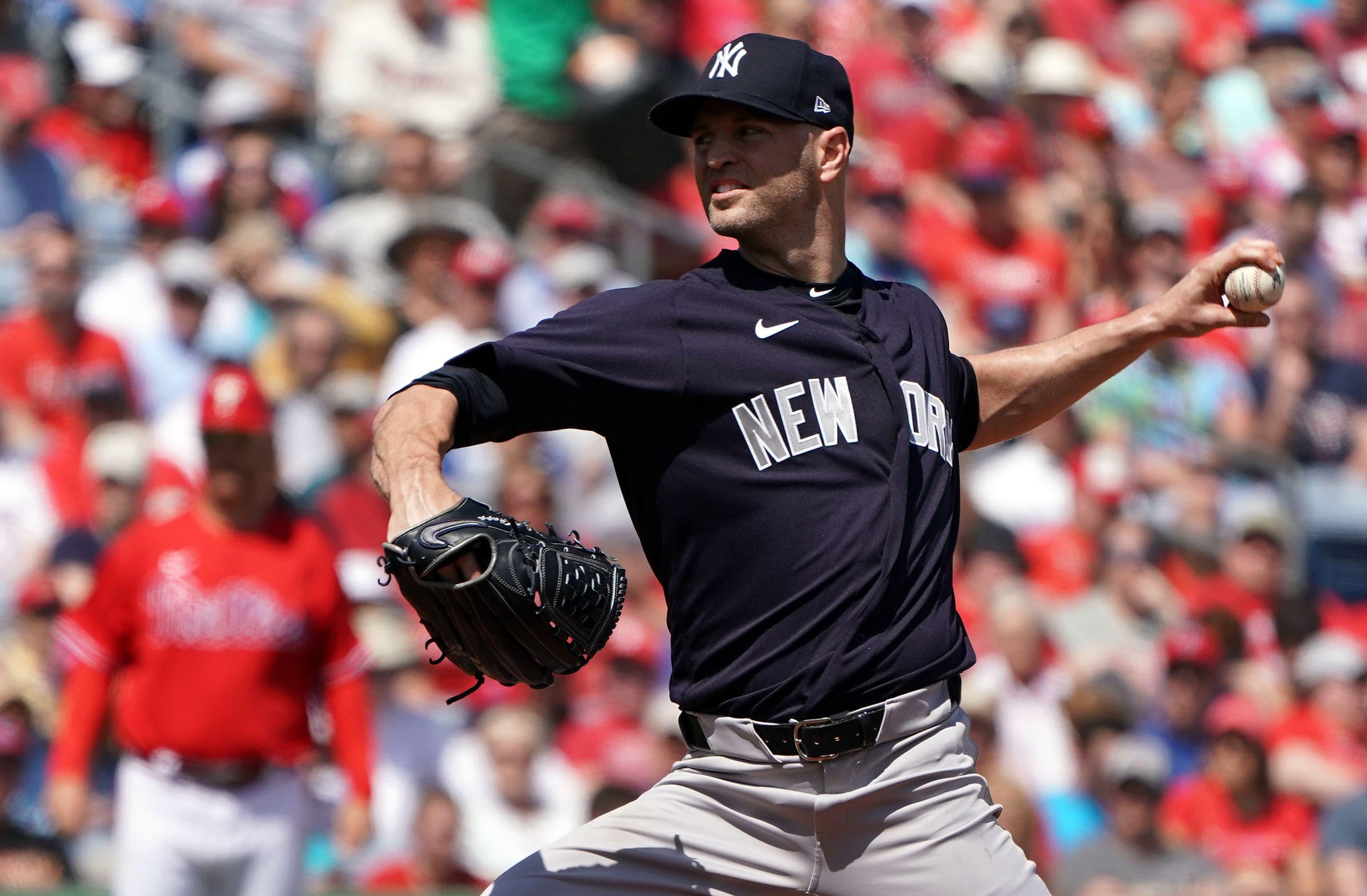 Mar 9, 2020; Clearwater, Florida, USA; New York Yankees starting pitcher J.A. Happ (33) fires a pitch against the Philadelphia Phillies during the second inning at Spectrum Field. Mandatory Credit: John David Mercer-USA TODAY Sports / John David Mercer