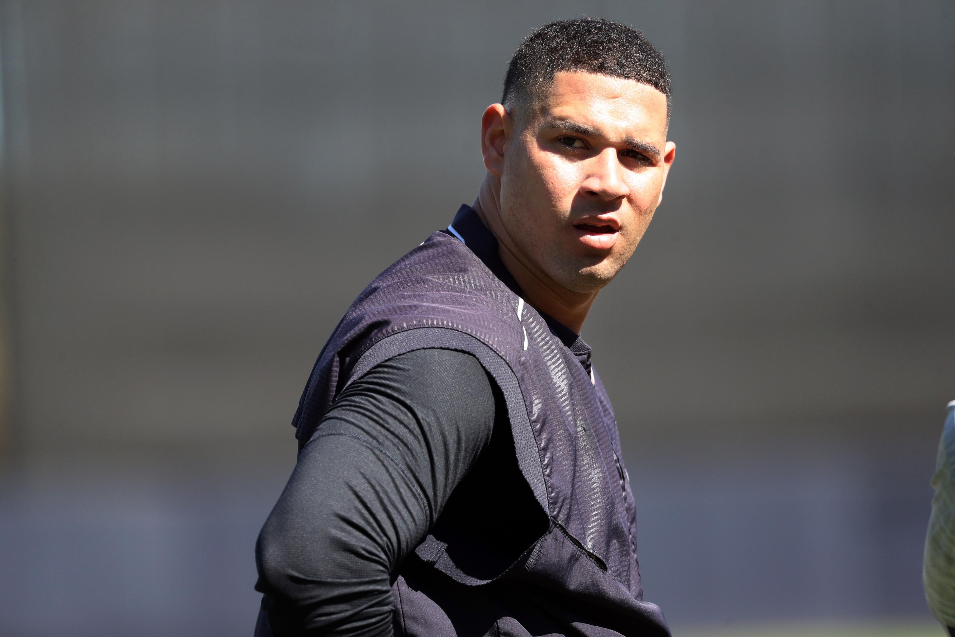 Feb 14, 2019; Tampa, FL, USA; New York Yankees catcher Gary Sanchez (24) works out at batting practice during spring training at George M. Steinbrenner Field. Mandatory Credit: Kim Klement-USA TODAY Sports