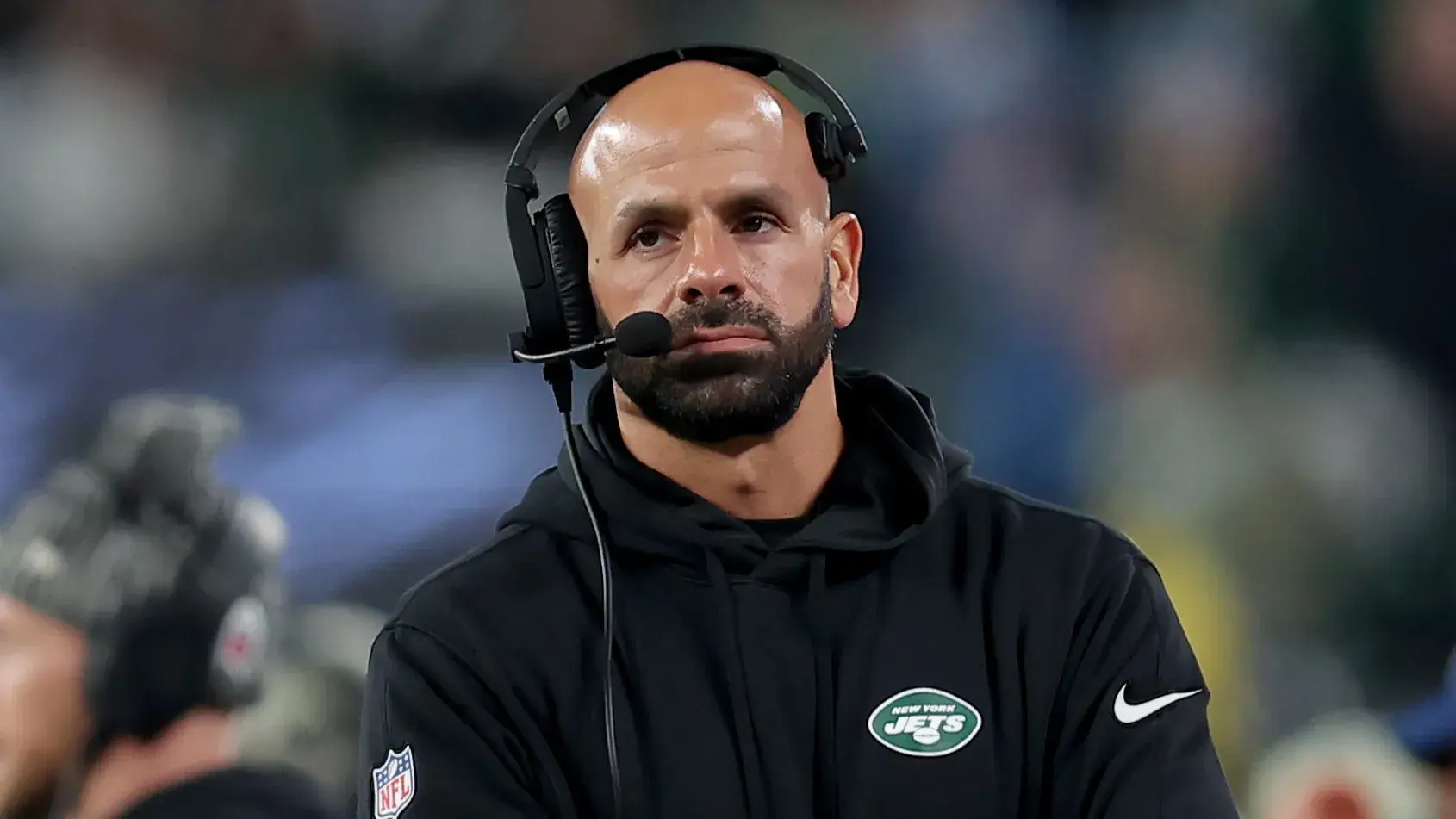 Nov 6, 2023; East Rutherford, New Jersey, USA; New York Jets head coach Robert Saleh reacts during the fourth quarter against the Los Angeles Chargers at MetLife Stadium. Mandatory Credit: Brad Penner-USA TODAY Sports / © Brad Penner-USA TODAY Sports