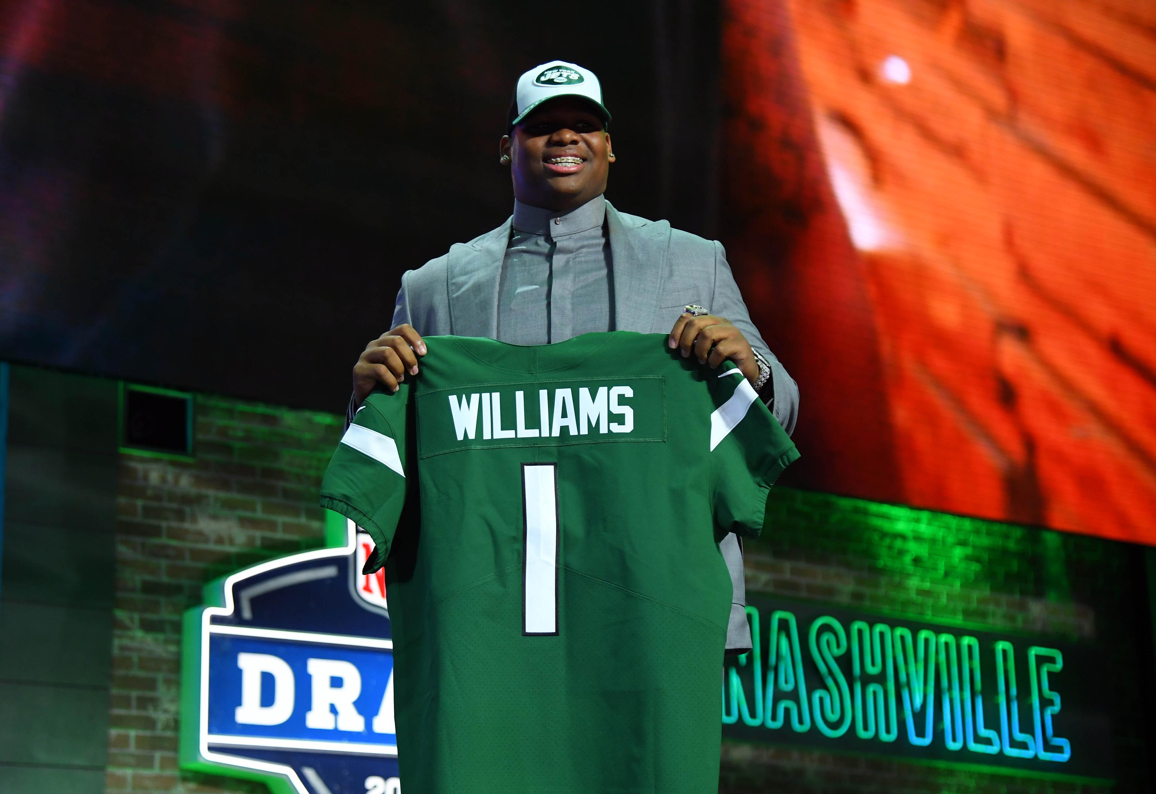 Apr 25, 2019; Nashville, TN, USA; Quinnen Williams (Alabama) is selected as the number three overall pick to the New York Jets in the first round of the 2019 NFL Draft in Downtown Nashville. Mandatory Credit: Christopher Hanewinckel-USA TODAY Sports