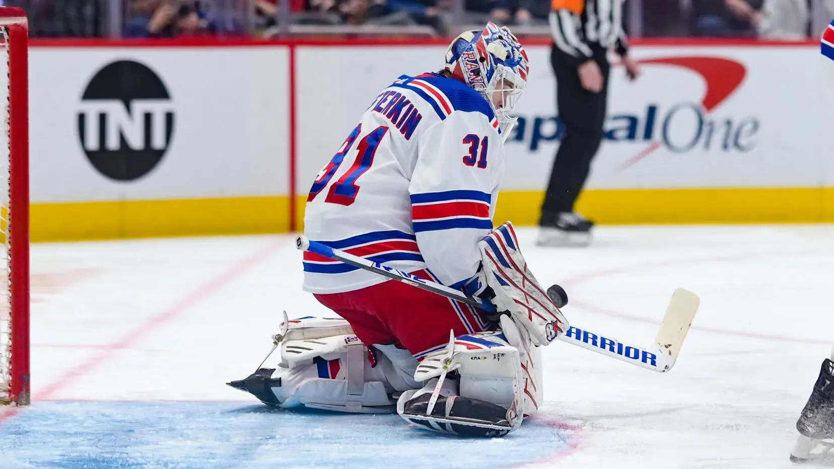 Apr 2, 2023; Washington, District of Columbia, USA; New York Rangers goaltender Igor Shesterkin (31) makes first period save against the Washington Capitals at Capital One Arena. / Tommy Gilligan-USA TODAY Sports