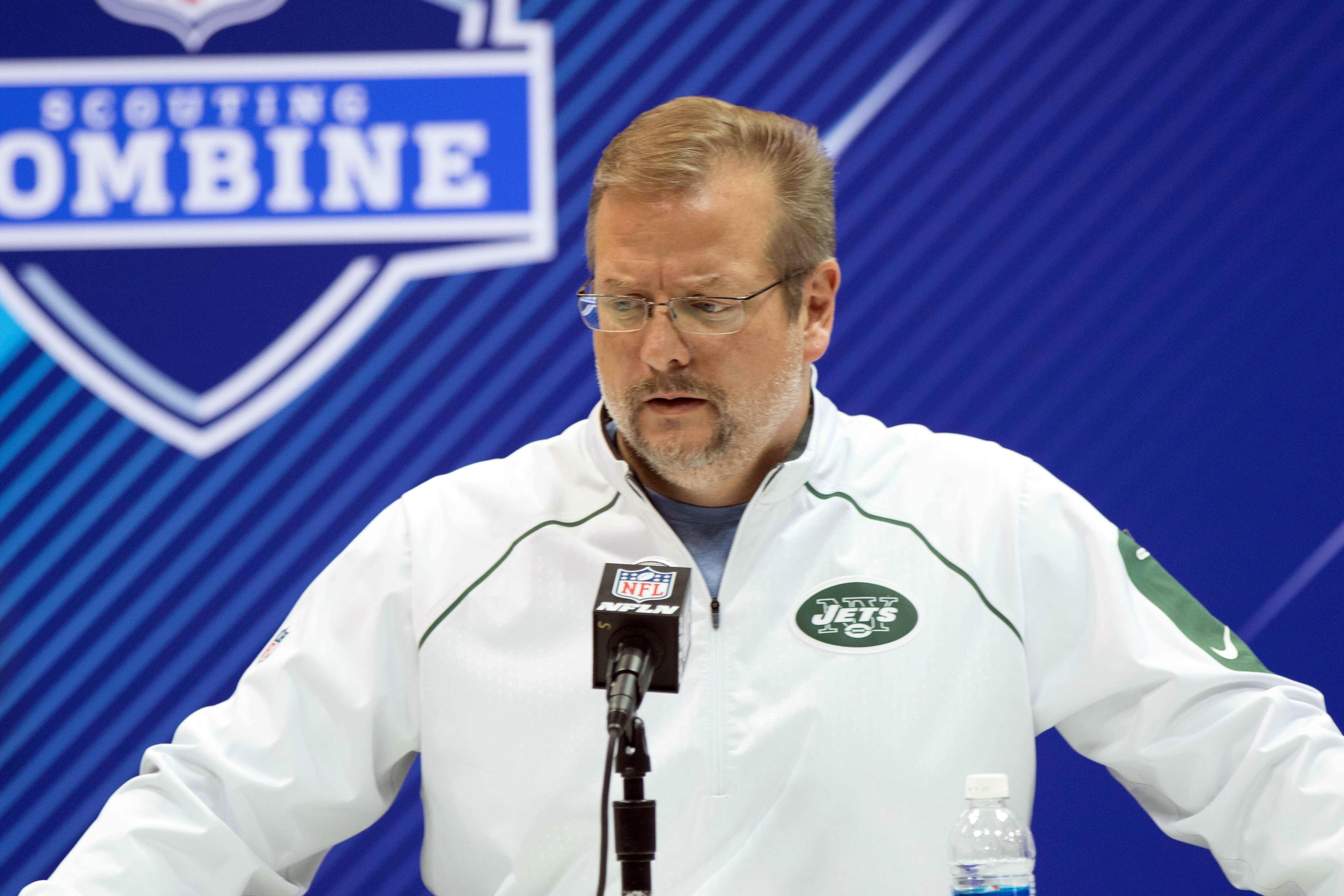 Feb 28, 2018; Indianapolis, IN, USA; New York Jets general manager Mike Maccagnan speaks to the media during the 2018 NFL Combine at the Indianapolis Convention Center. Mandatory Credit: Trevor Ruszkowski-USA TODAY Sports / Trevor Ruszkowski