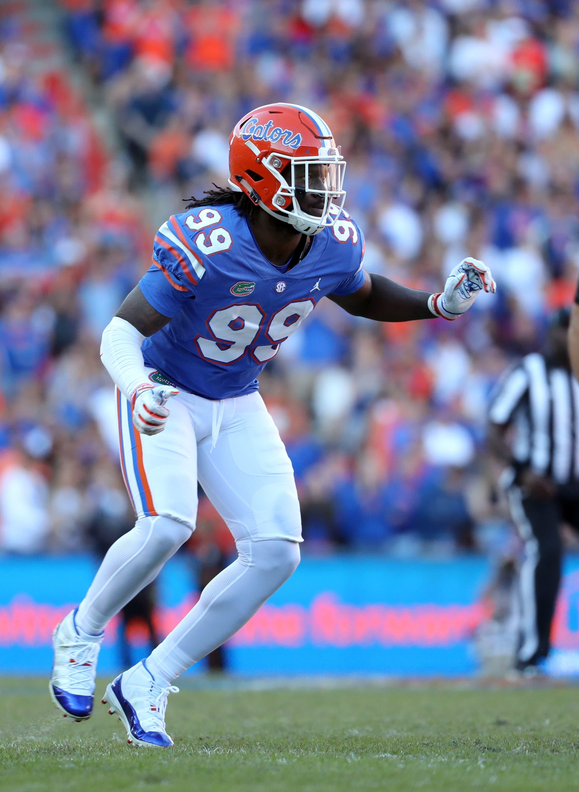 Nov 3, 2018; Gainesville, FL, USA; Florida Gators defensive lineman Jachai Polite (99) rushes during the second quarter at Ben Hill Griffin Stadium. Mandatory Credit: Kim Klement-USA TODAY Sports / Kim Klement