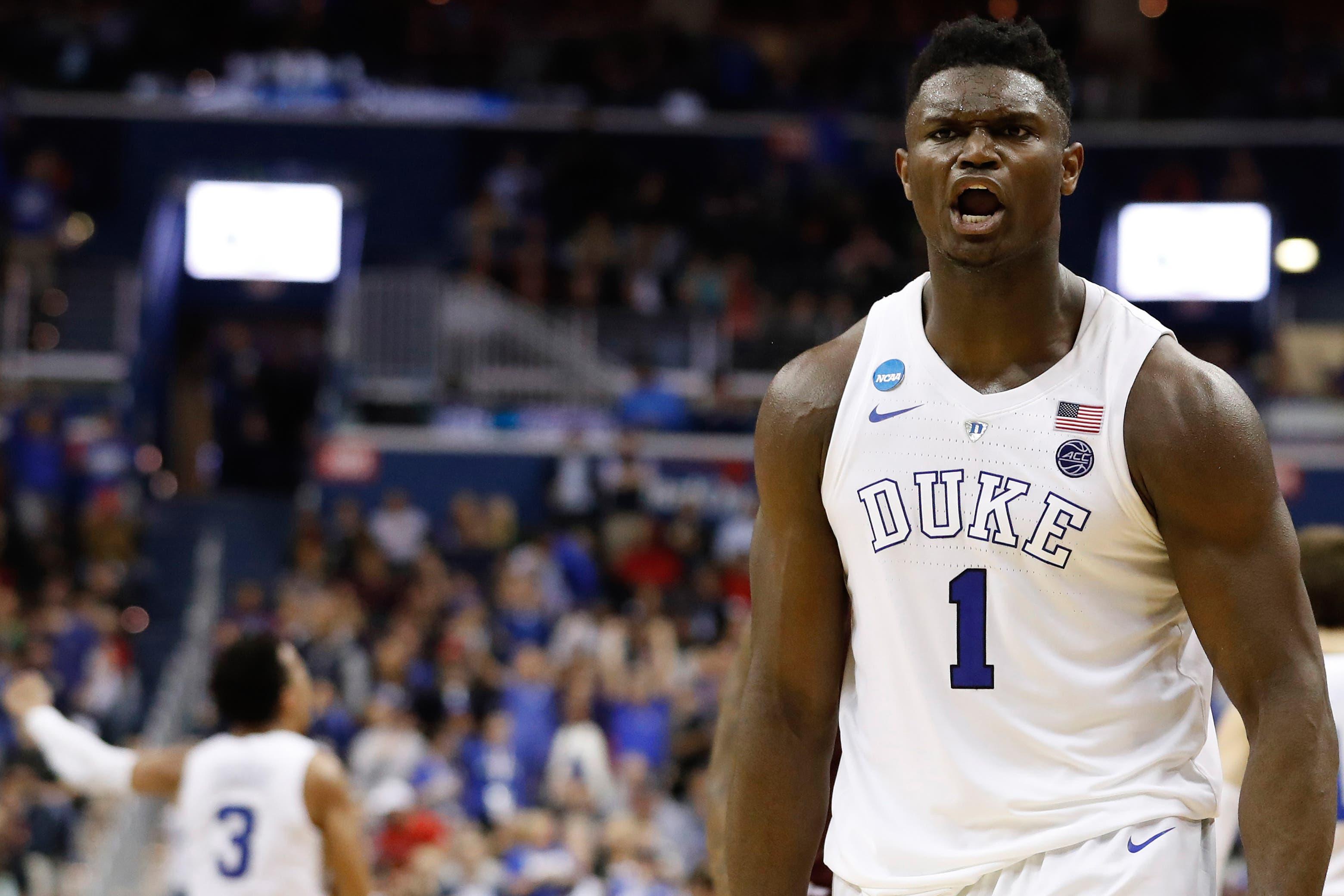 Duke Blue Devils forward Zion Williamson reacts against the Virginia Tech Hokies in the semifinals of the East Regional of the 2019 NCAA Tournament at Capital One Arena. / Geoff Burke/USA TODAY Sports