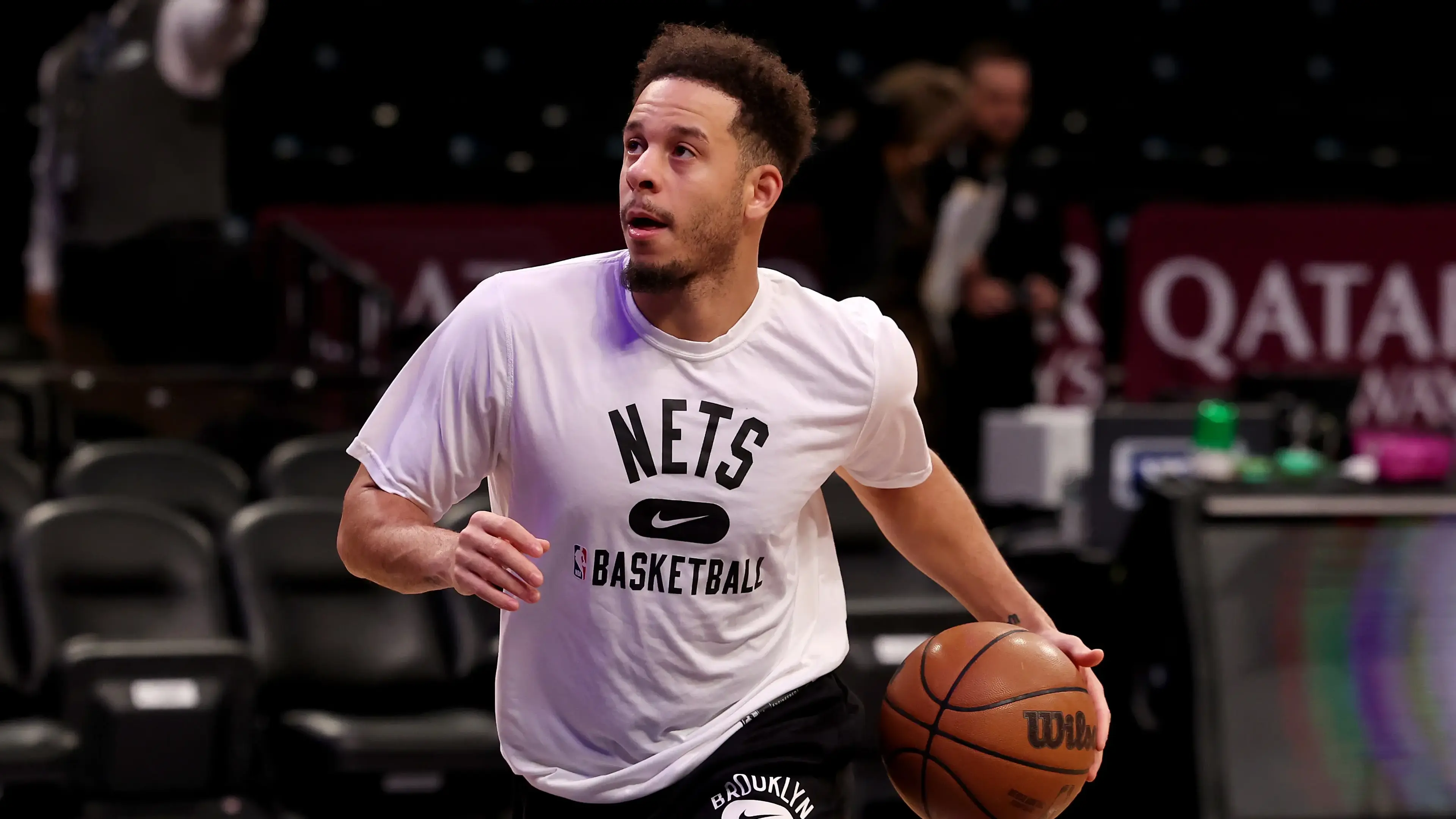 Mar 18, 2022; Brooklyn, New York, USA; Brooklyn Nets guard Seth Curry (30) warms up before the game against the Portland Trail Blazers at Barclays Center. Mandatory Credit: Vincent Carchietta-USA TODAY Sports / Vincent Carchietta-USA TODAY Sports