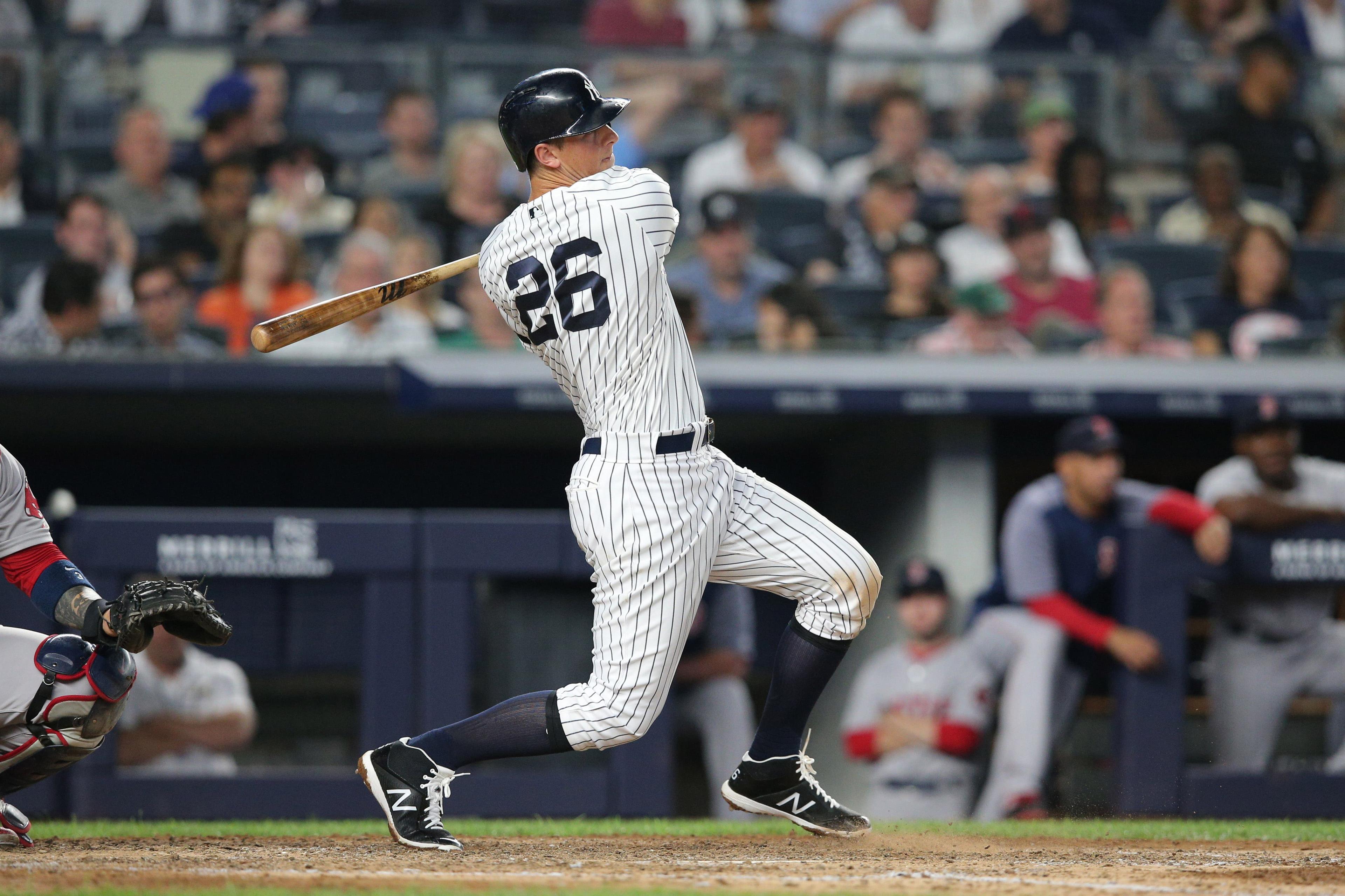 May 31, 2019; Bronx, NY, USA; New York Yankees second baseman DJ LeMahieu (26) follows through on a solo home run against the Boston Red Sox during the fifth inning at Yankee Stadium. Mandatory Credit: Brad Penner-USA TODAY Sports / Brad Penner