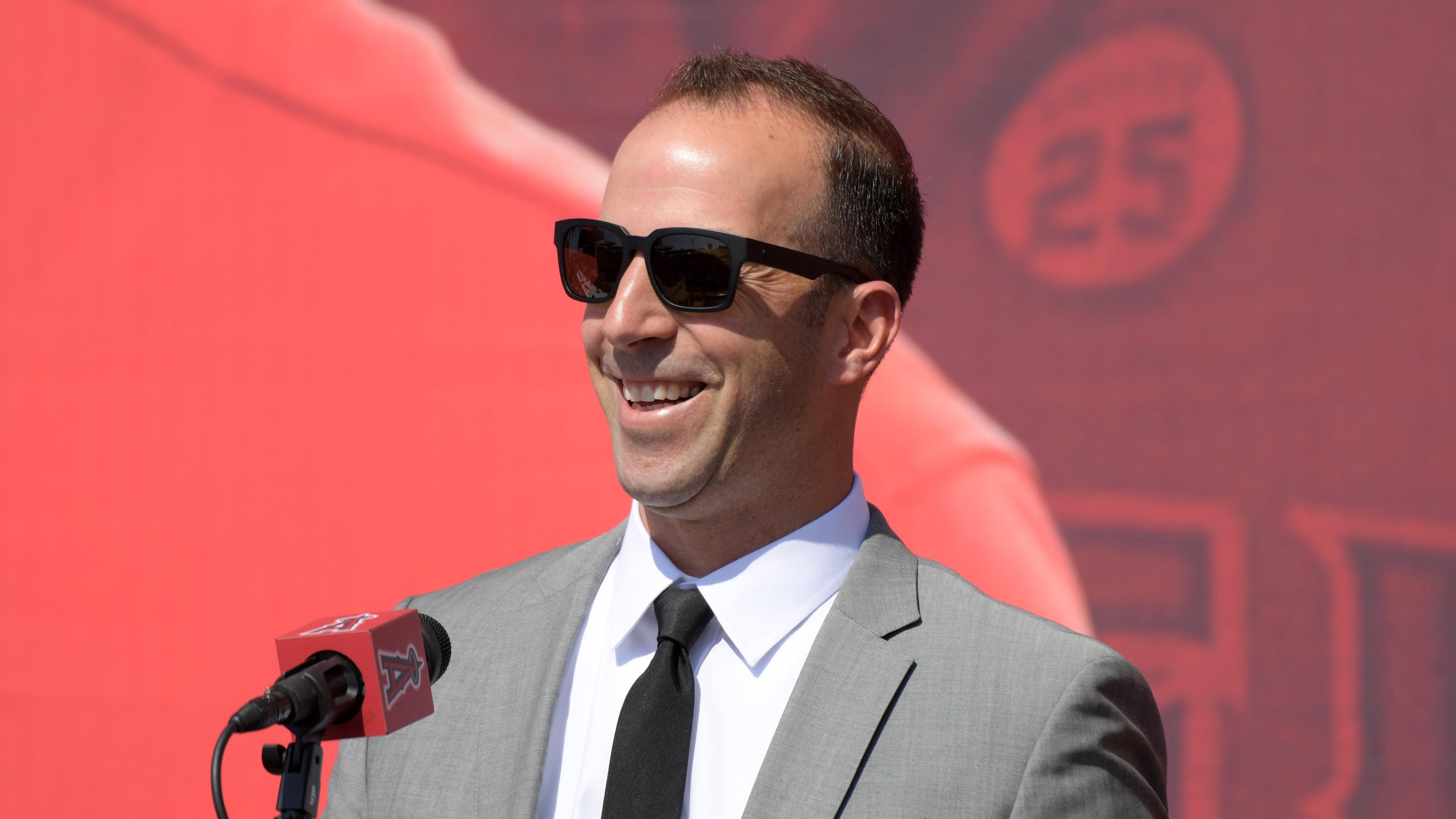 Los Angeles Angels general manager Billy Eppler at a press conference to announce a 12 year contract extension for center fielder Mike Trout (not pictured) at Angel Stadium of Anaheim. / Kirby Lee-USA TODAY Sports