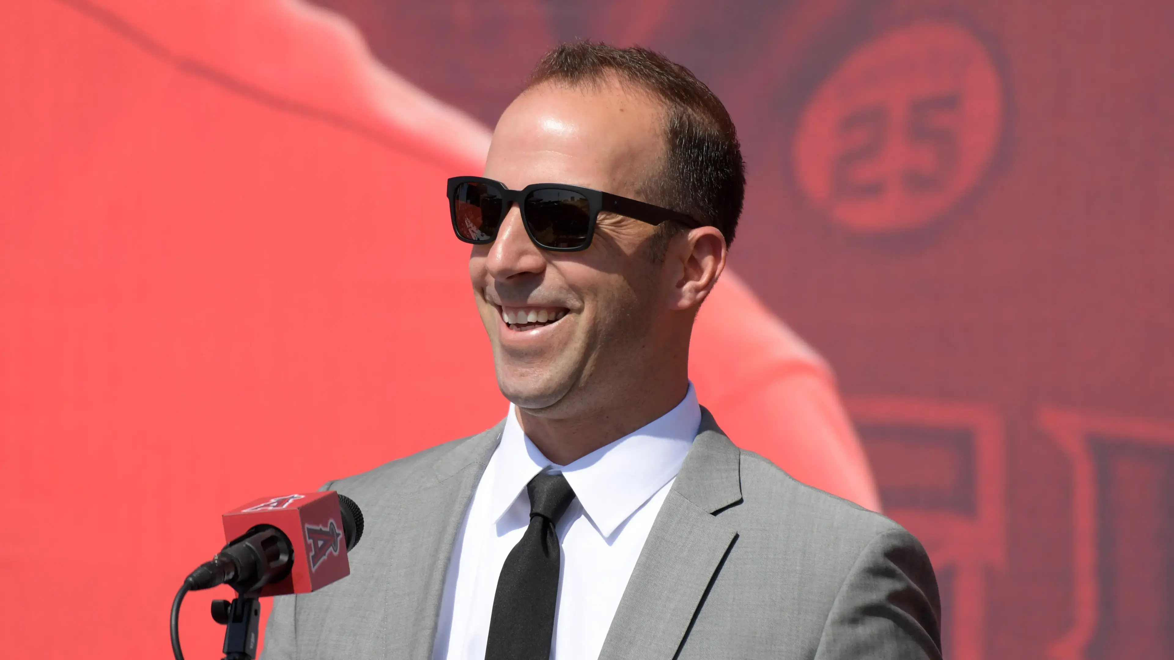 Los Angeles Angels general manager Billy Eppler at a press conference to announce a 12 year contract extension for center fielder Mike Trout (not pictured) at Angel Stadium of Anaheim. / Kirby Lee-USA TODAY Sports
