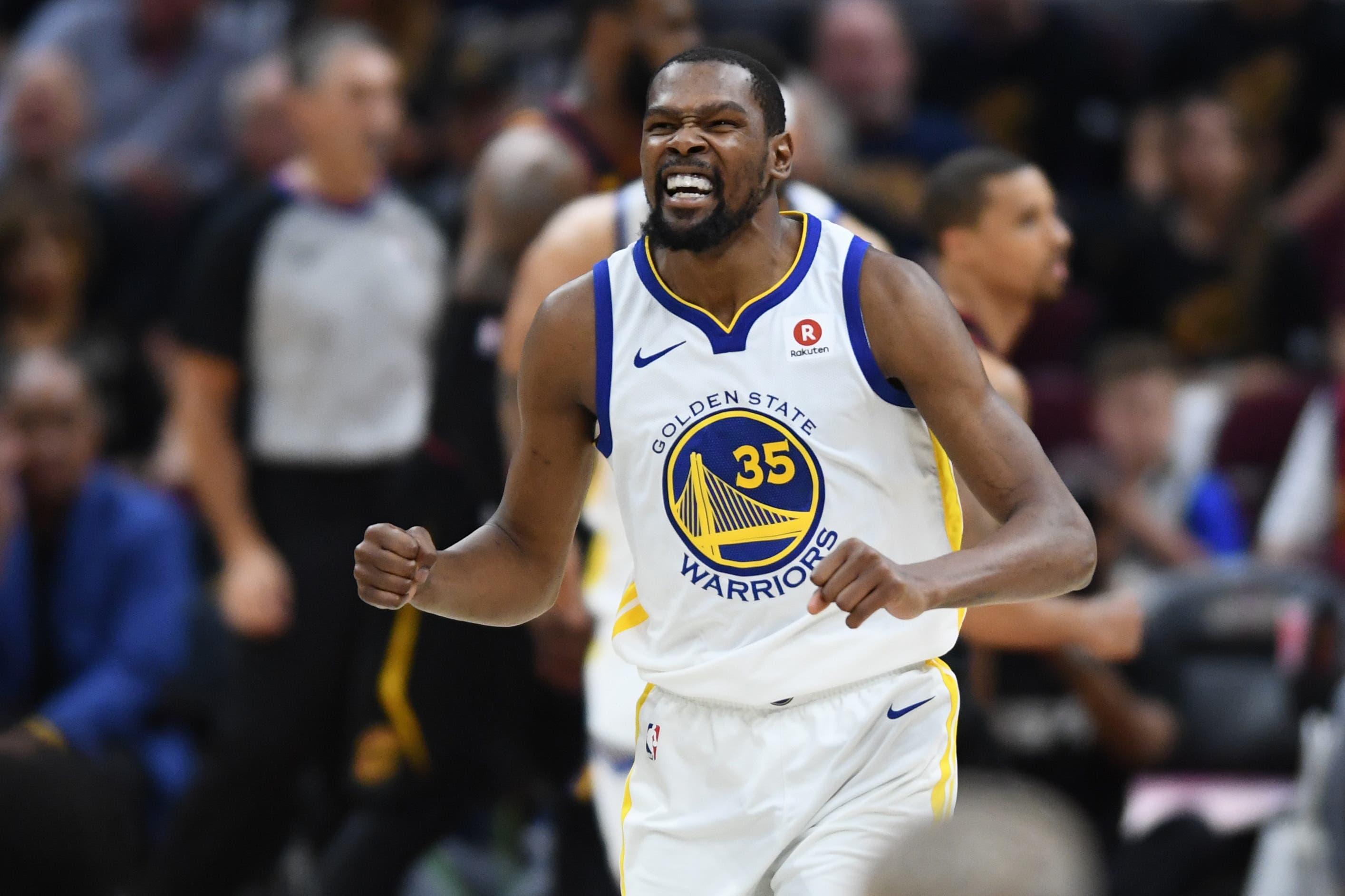 Jun 8, 2018; Cleveland, OH, USA; Golden State Warriors forward Kevin Durant (35) reacts in a timeout during the third quarter in game four of the 2018 NBA Finals against the Cleveland Cavaliers at Quicken Loans Arena. Mandatory Credit: Ken Blaze-USA TODAY Sports / Ken Blaze