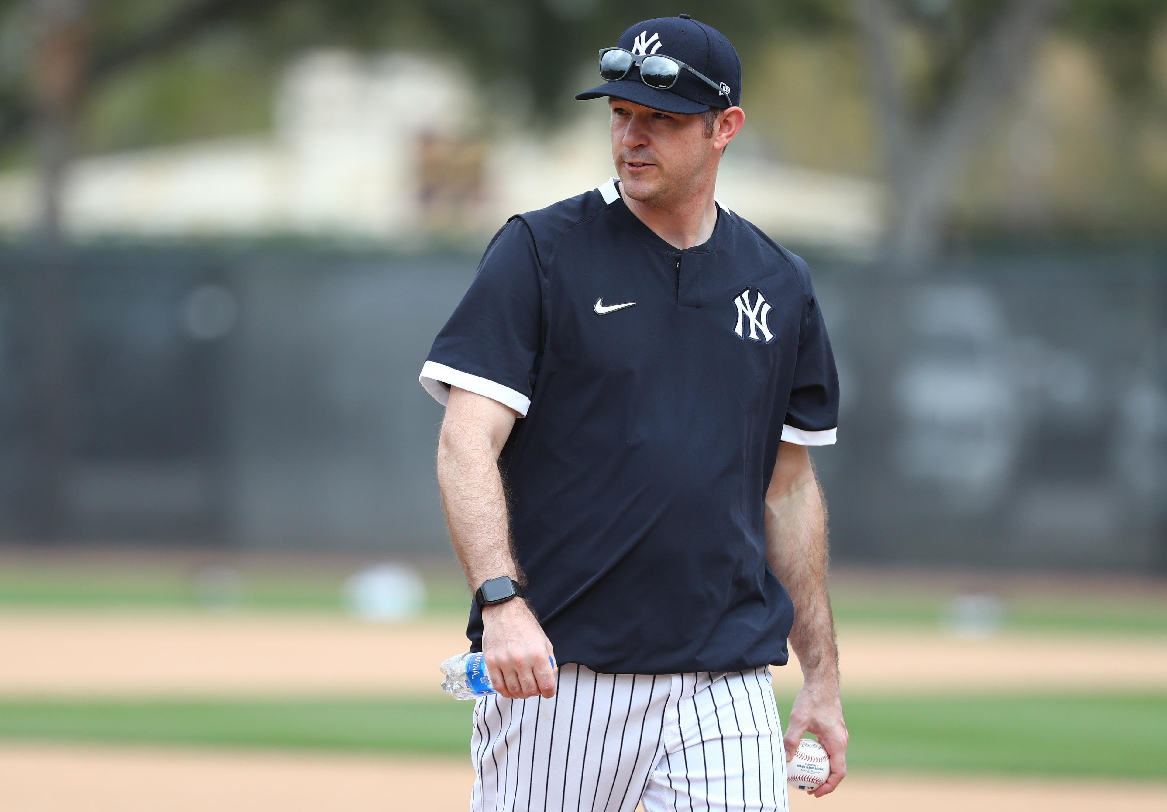 Feb 13, 2020; Tampa, Florida, USA; New York Yankees pitching coach Matt Blake (67) looks on during spring training at George M. Steinbrenner Field. Mandatory Credit: Kim Klement-USA TODAY Sports / Kim Klement