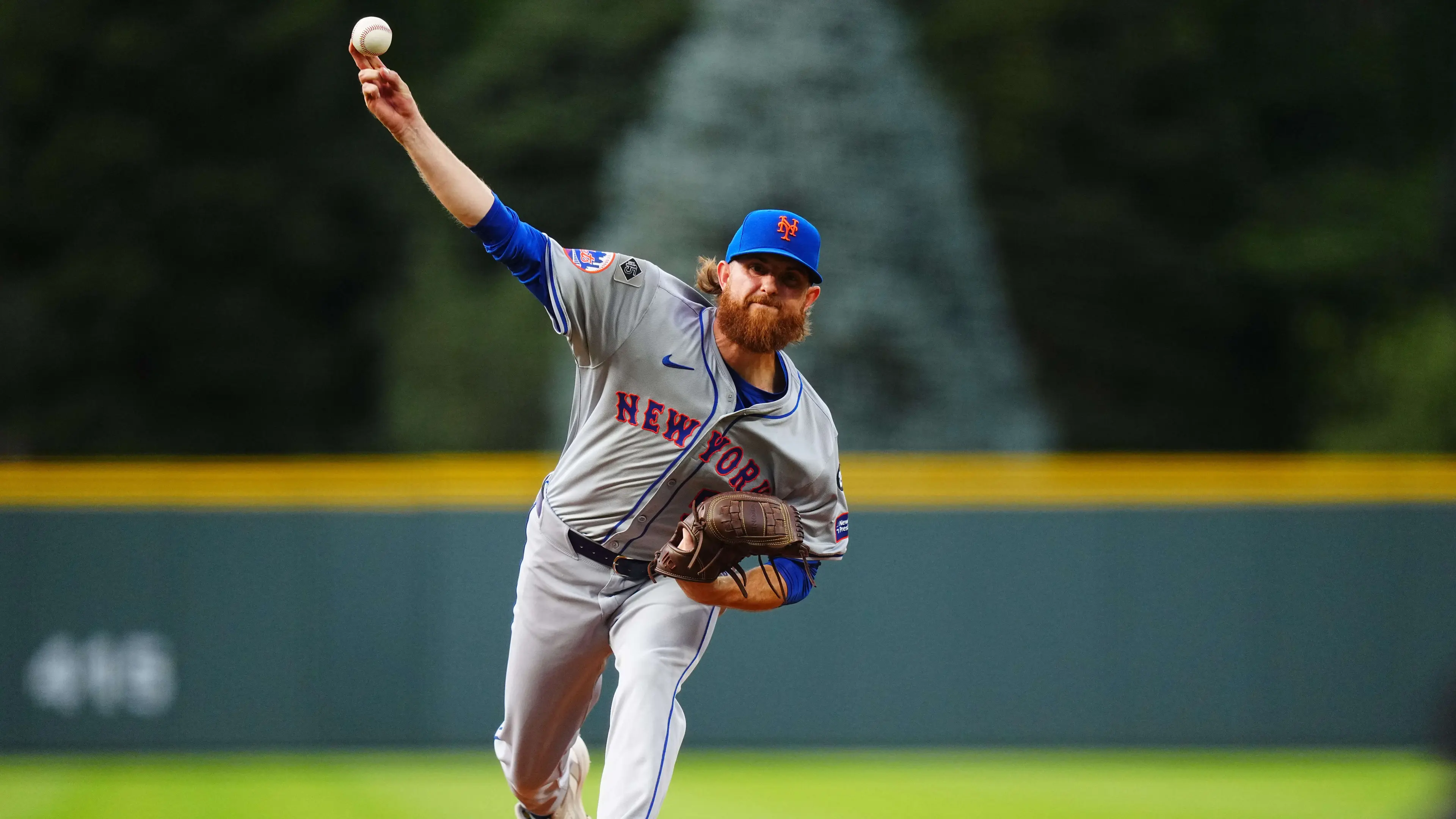 Aug 7, 2024; Denver, Colorado, USA; New York Mets starting pitcher Paul Blackburn (58) delivers a pitch in the first inning against the Colorado Rockies at Coors Field. Mandatory Credit: Ron Chenoy-Imagn Images / © Ron Chenoy-Imagn Images