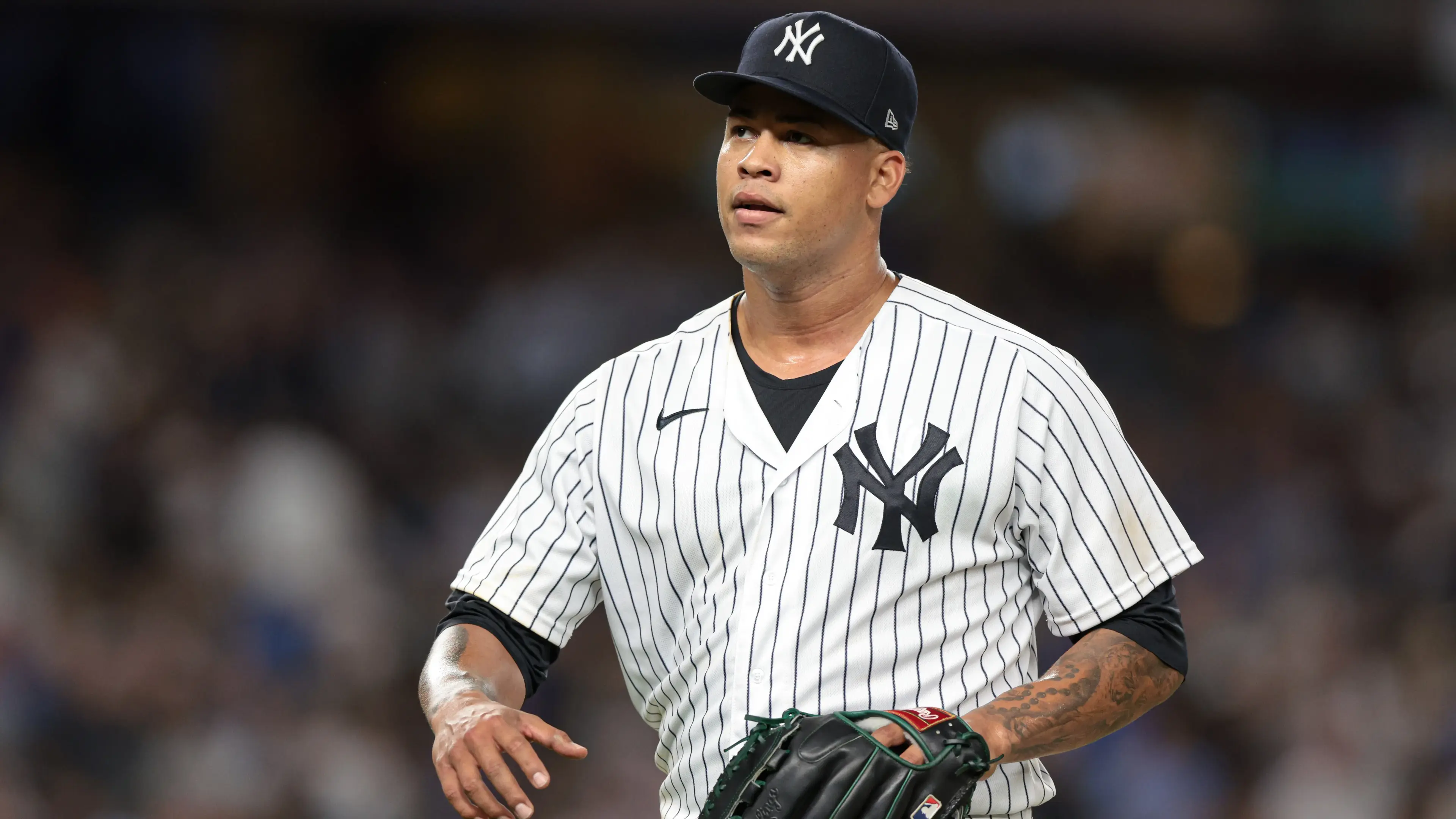 Aug 23, 2022; Bronx, New York, USA; New York Yankees starting pitcher Frankie Montas (47) walks off the field after being relieved during the sixth inning against the New York Mets at Yankee Stadium. Mandatory Credit: Vincent Carchietta-USA TODAY Sports / © Vincent Carchietta-USA TODAY Sports