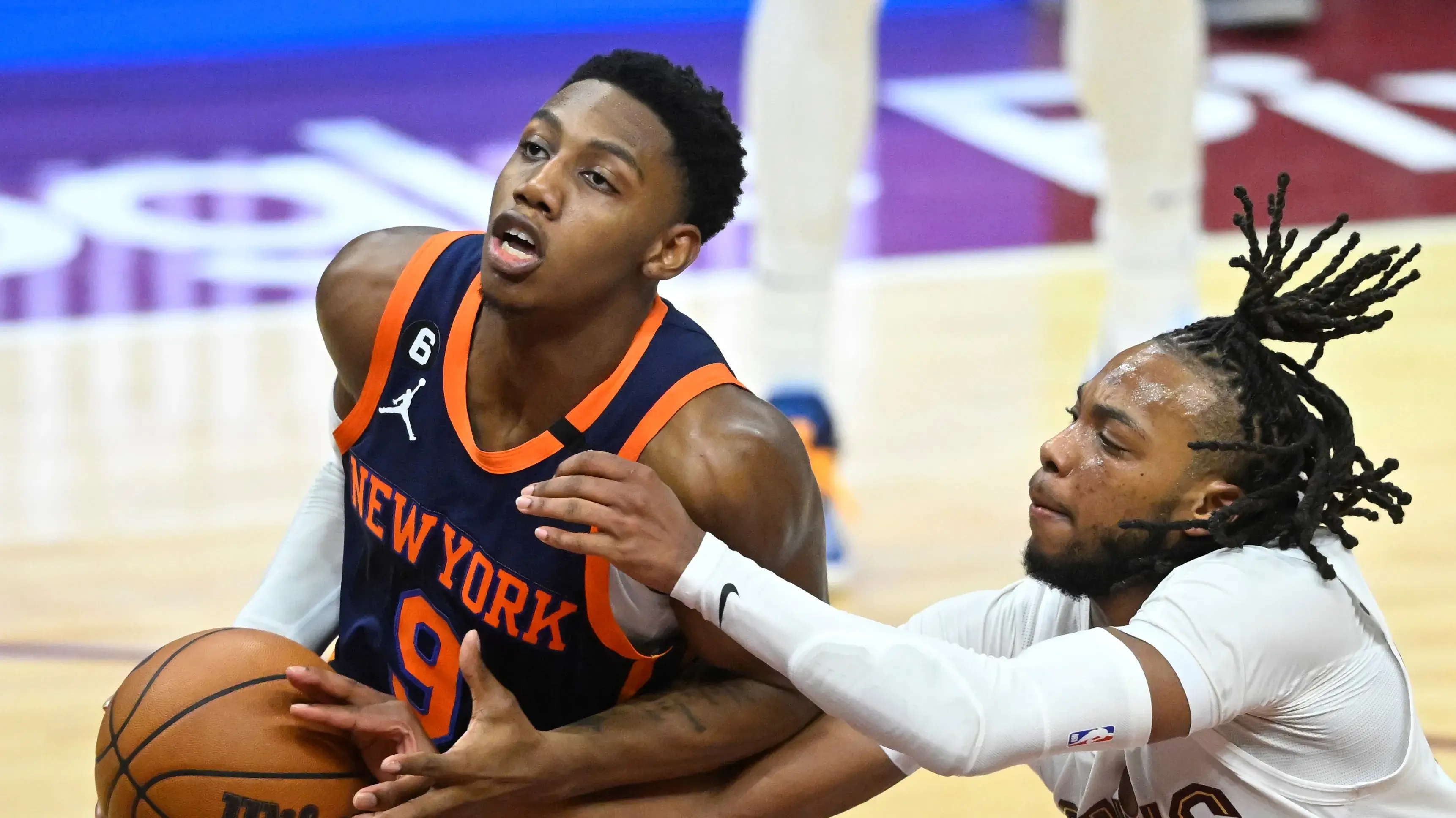 Apr 15, 2023; Cleveland, Ohio, USA; Cleveland Cavaliers guard Darius Garland (10) defends New York Knicks guard RJ Barrett (9) in the fourth quarter of game one of the 2023 NBA playoffs at Rocket Mortgage FieldHouse. Mandatory Credit: David Richard-USA TODAY Sports / © David Richard-USA TODAY Sports