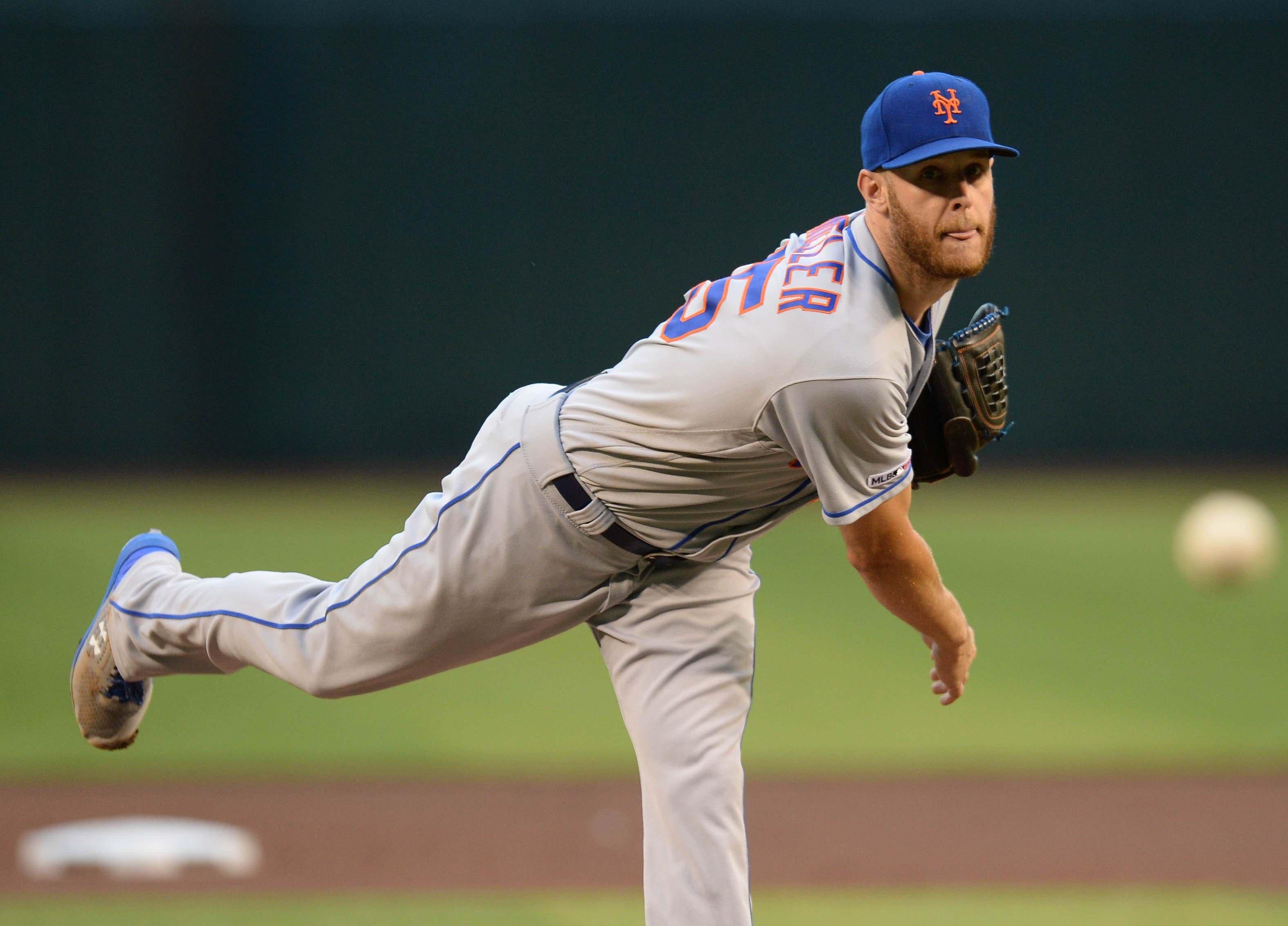 May 31, 2019; Phoenix, AZ, USA; New York Mets starting pitcher Zack Wheeler (45) pitches against the Arizona Diamondbacks during the first inning at Chase Field. Mandatory Credit: Joe Camporeale-USA TODAY Sports / Joe Camporeale