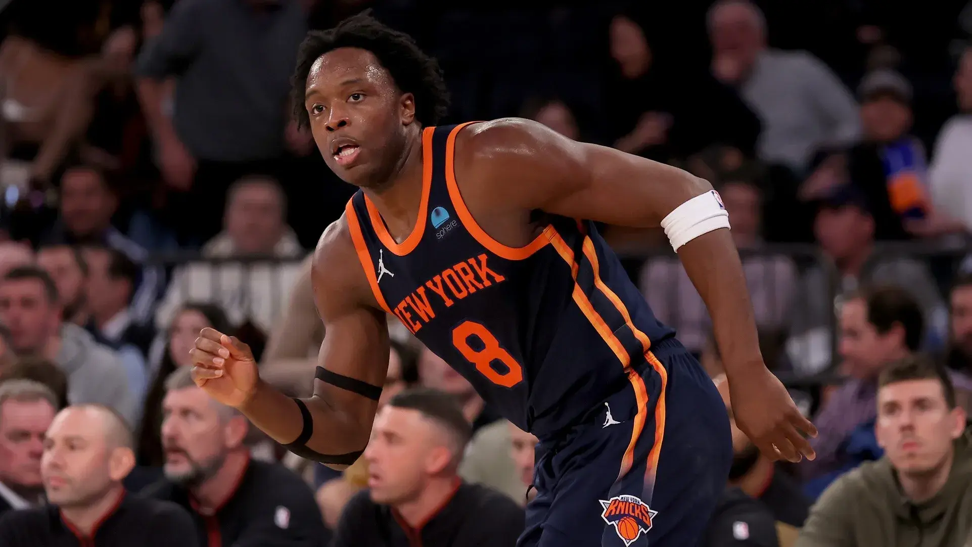 New York Knicks forward OG Anunoby (8) during the third quarter against the Denver Nuggets at Madison Square Garden. / Brad Penner-USA TODAY Sports