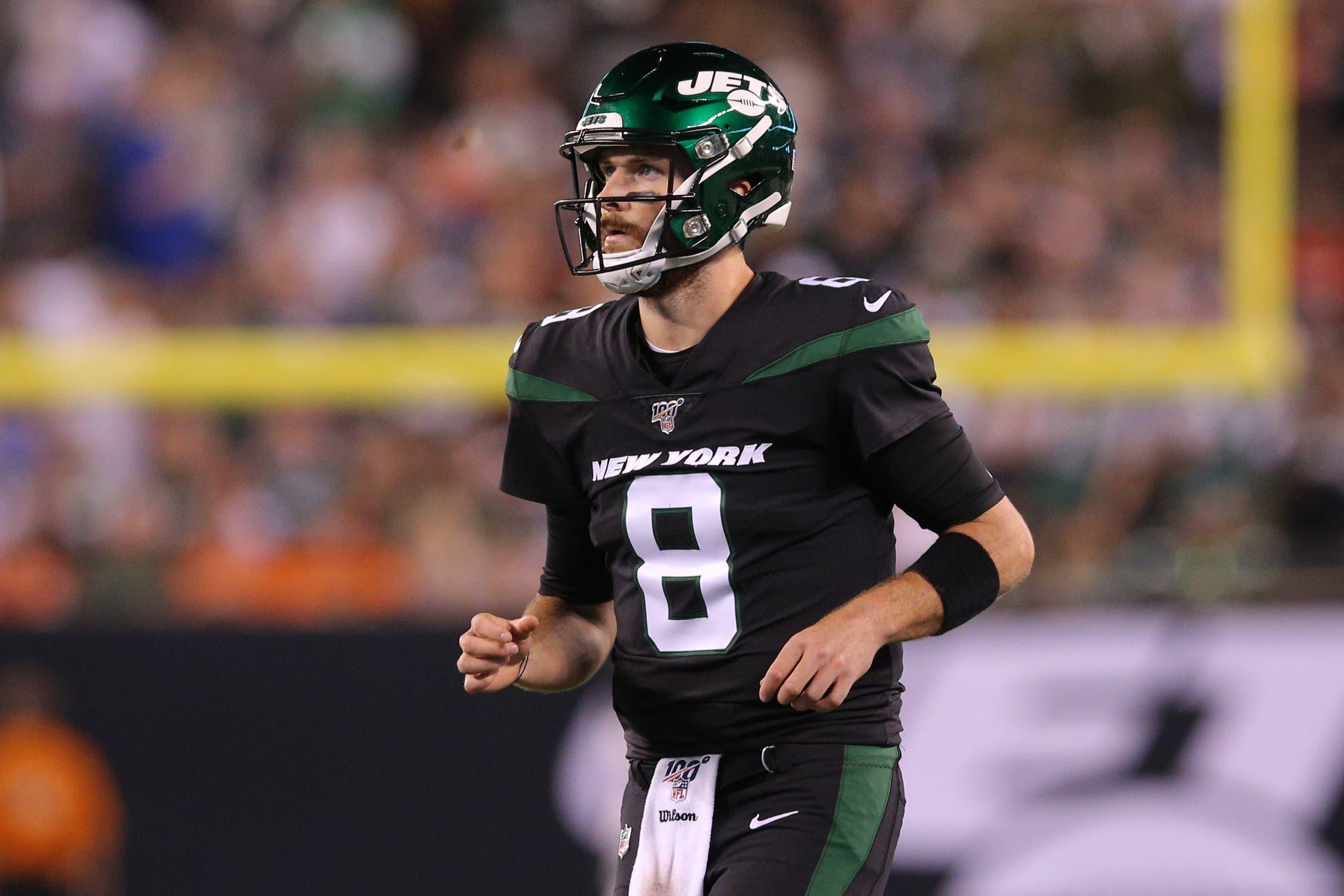 Sep 16, 2019; East Rutherford, NJ, USA; New York Jets quarterback Luke Falk (8) checks into the game against the Cleveland Browns during the second quarter at MetLife Stadium. Mandatory Credit: Brad Penner-USA TODAY Sportsundefined