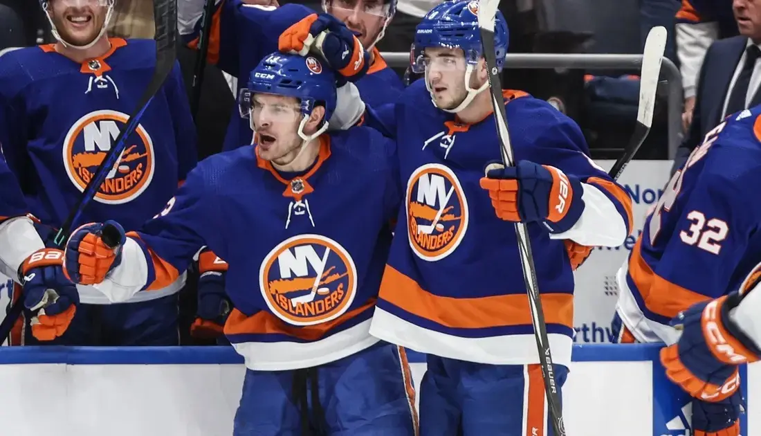 New York Islanders center Mathew Barzal (13) celebrates with defenseman Noah Dobson (8) after scoring a goal in the second period against the Carolina Hurricanes in game four of the first round of the 2024 Stanley Cup Playoffs at UBS Arena.