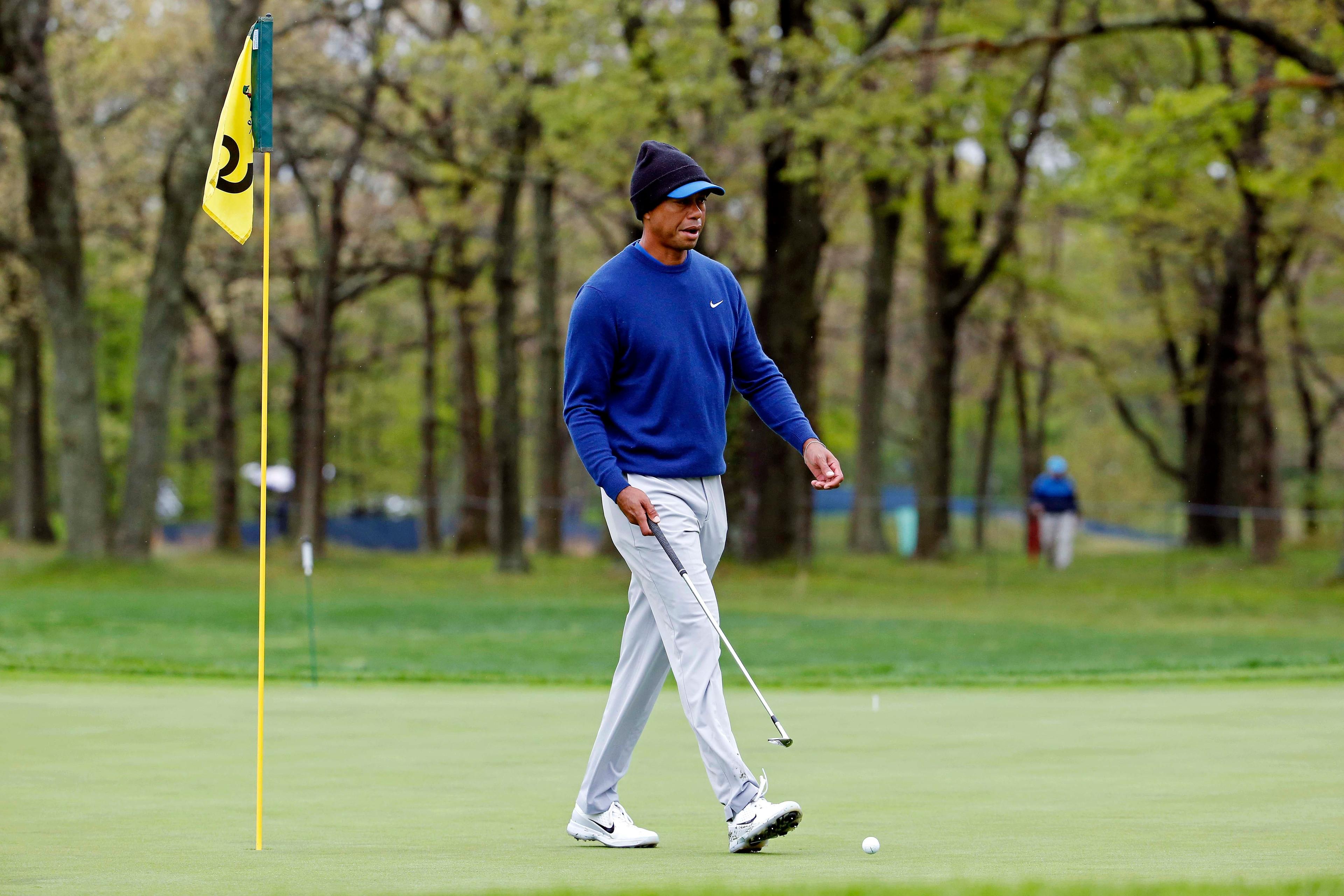 May 13, 2019; Farmingdale, NY, USA; Tiger Woods on the ninth green during a practice round for the PGA Championship golf tournament at Bethpage State Park - Black Course. Mandatory Credit: Peter Casey-USA TODAY Sports / Peter Casey