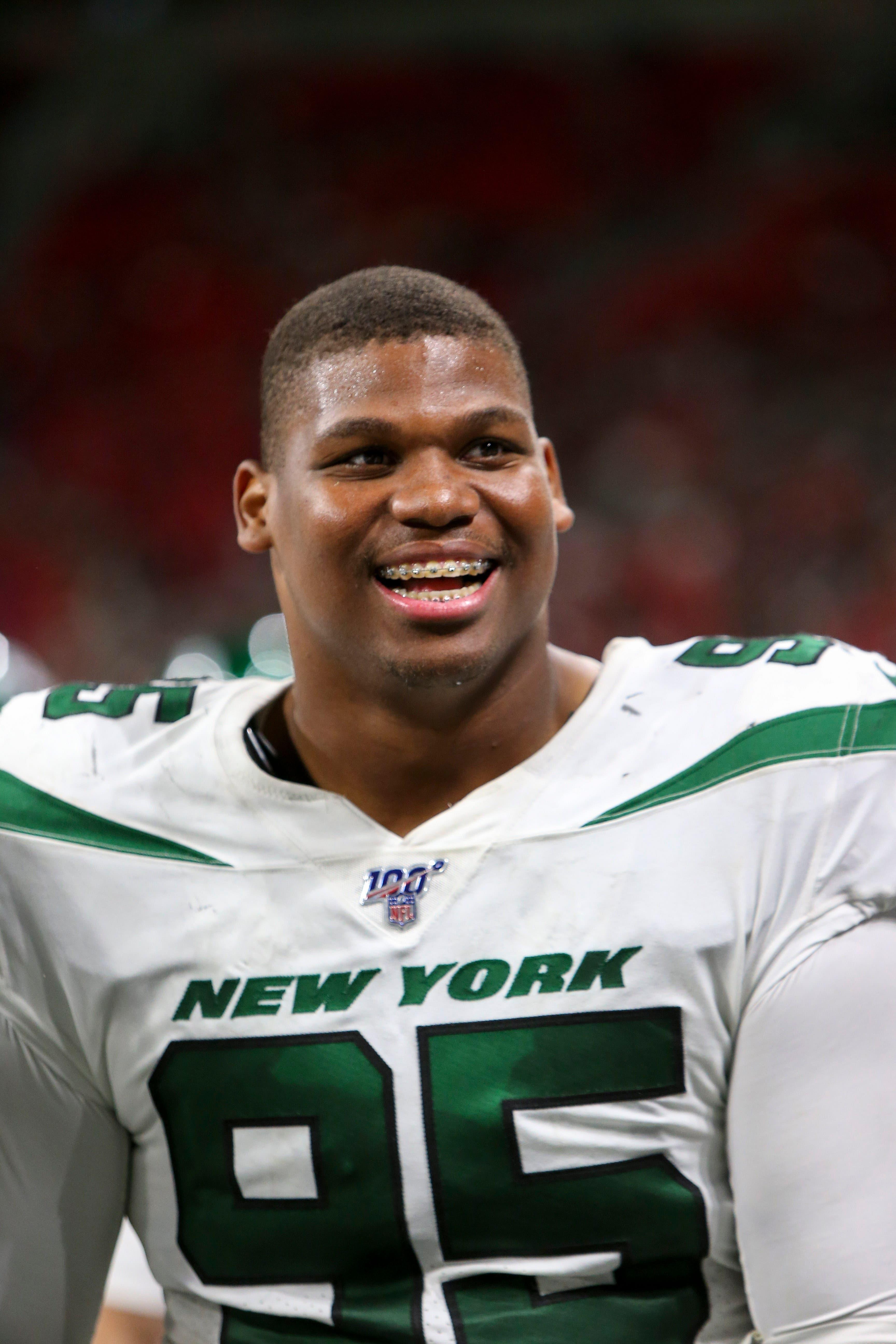 Aug 15, 2019; Atlanta, GA, USA; New York Jets defensive tackle Quinnen Williams (95) on the sideline against the Atlanta Falcons in the second half at Mercedes-Benz Stadium. Mandatory Credit: Brett Davis-USA TODAY Sports / Brett Davis