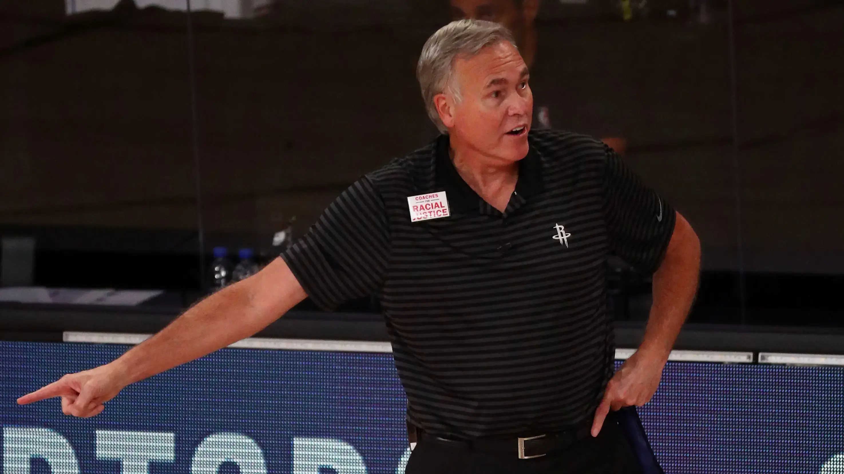 Sep 2, 2020; Lake Buena Vista, Florida, USA; Houston Rockets head coach Mike D'Antoni reacts during the first half of game seven of the first round of the 2020 NBA Playoffs against the Oklahoma City Thunder at ESPN Wide World of Sports Complex. / © Kim Klement-USA TODAY Sports