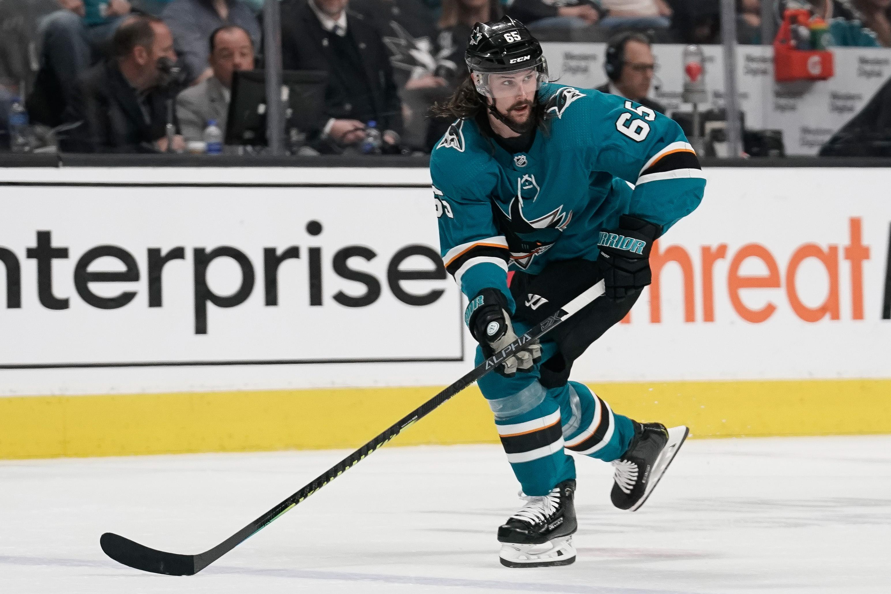 Apr 23, 2019; San Jose, CA, USA; San Jose Sharks defenseman Erik Karlsson (65) chases after the puck against the Vegas Golden Knights during the second period in game seven of the first round of the 2019 Stanley Cup Playoffs at SAP Center at San Jose. Mandatory Credit: Stan Szeto-USA TODAY Sports