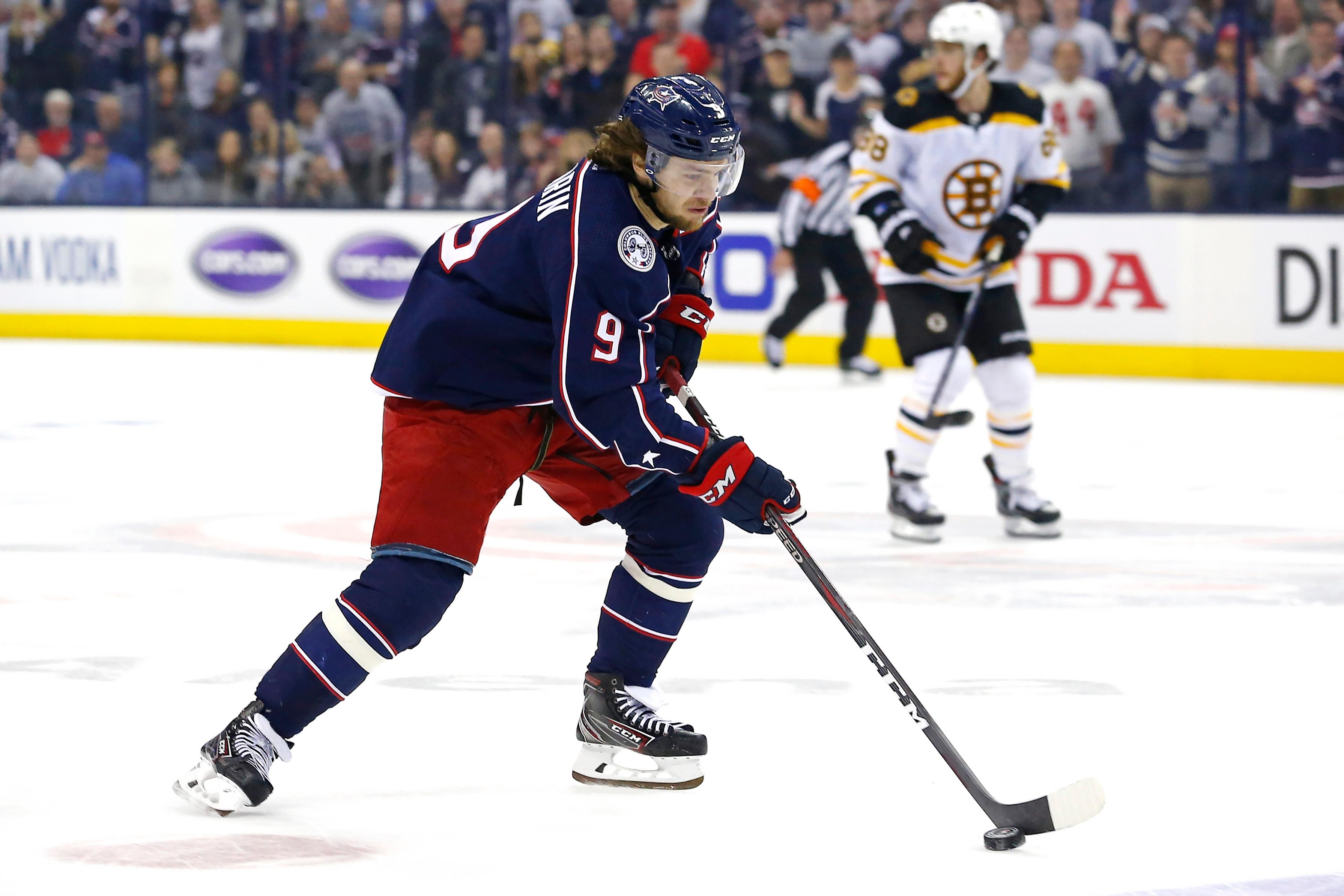 Apr 30, 2019; Columbus, OH, USA; Columbus Blue Jackets left wing Artemi Panarin (9) controls the puck against the Boston Bruins in the third period during game three of the second round of the 2019 Stanley Cup Playoffs at Nationwide Arena. Mandatory Credit: Russell LaBounty-USA TODAY Sports