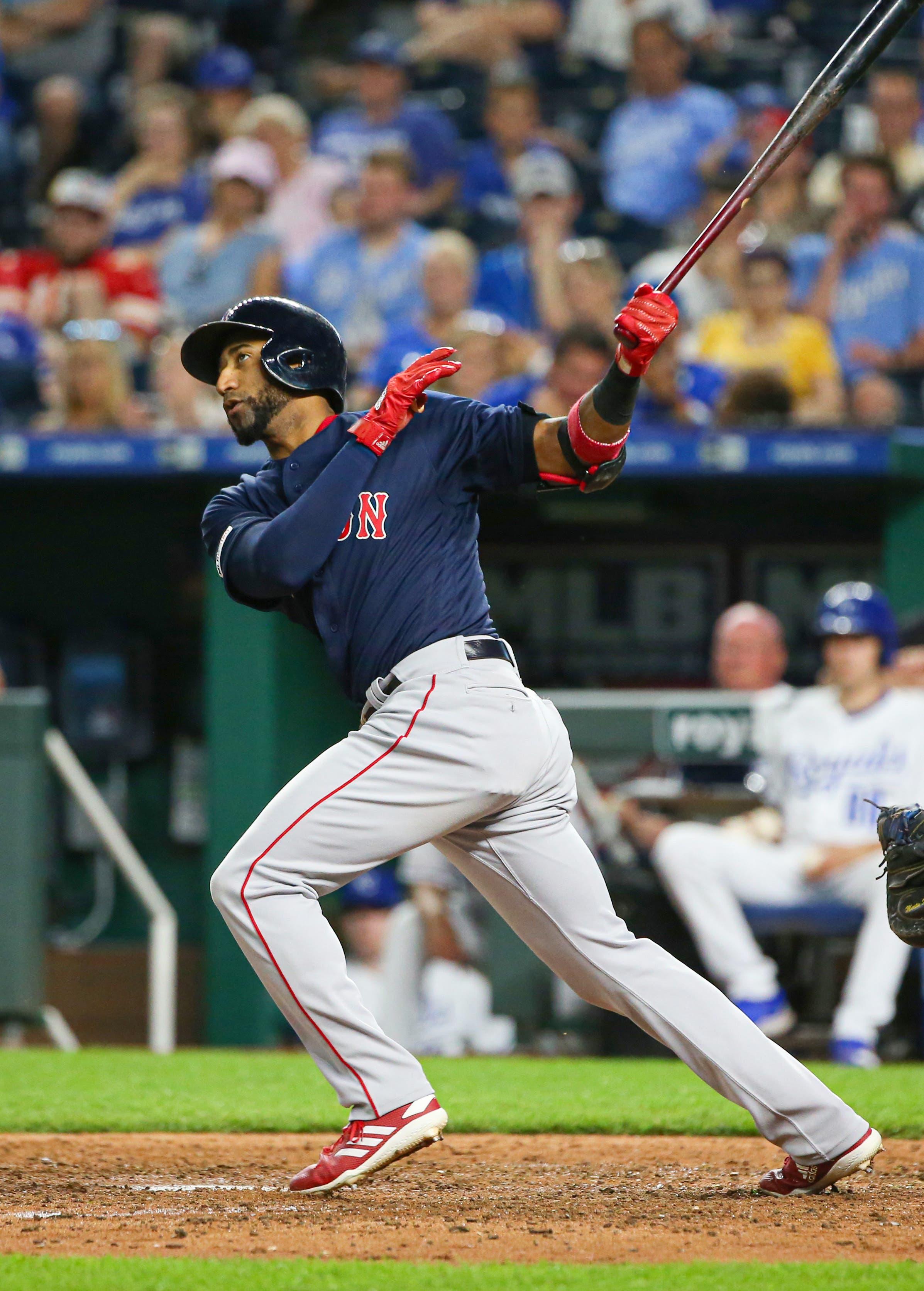 Jun 4, 2019; Kansas City, MO, USA; Boston Red Sox second baseman Eduardo Nunez (36) hits a pinch hit home run against the Kansas City Royals in the eighth inning at Kauffman Stadium. Mandatory Credit: Jay Biggerstaff-USA TODAY Sports / Jay Biggerstaff