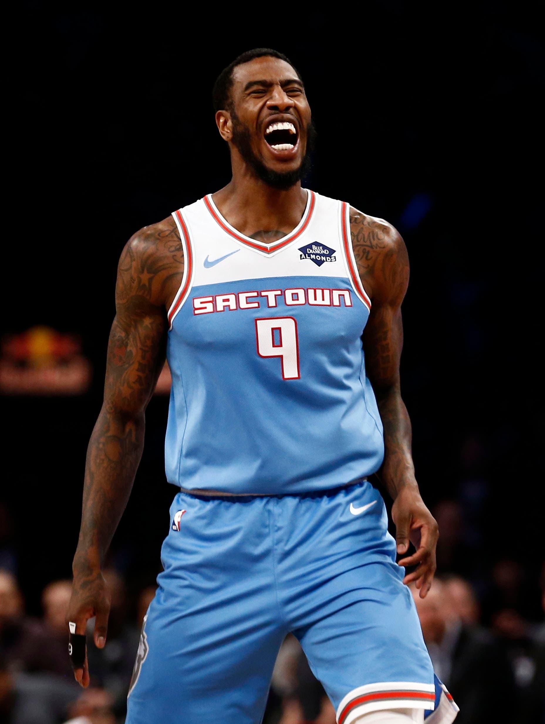 Jan 21, 2019; Brooklyn, NY, USA; Sacramento Kings guard Iman Shumpert (9) reacts in the first quarter against the Brooklyn Nets at Barclays Center. Mandatory Credit: Nicole Sweet-USA TODAY Sports / Nicole Sweet