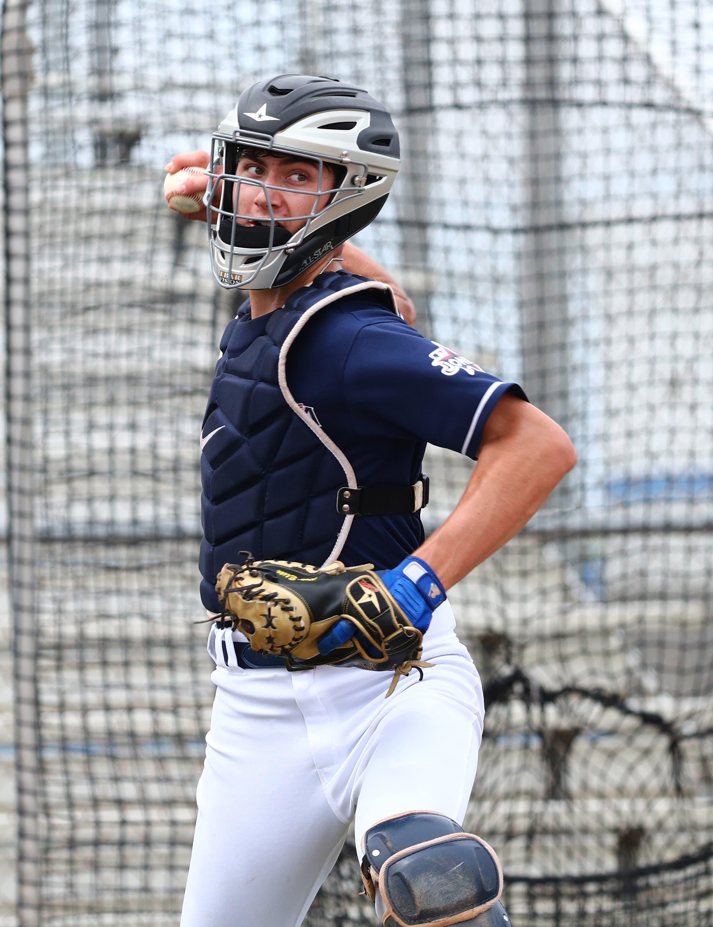 Jun 17, 2019; Bradenton, FL, USA; Team Jones catcher Tyler Soderstrom (18) during workouts at IMG Academy. Mandatory Credit: Kim Klement-USA TODAY Sports / Kim Klement