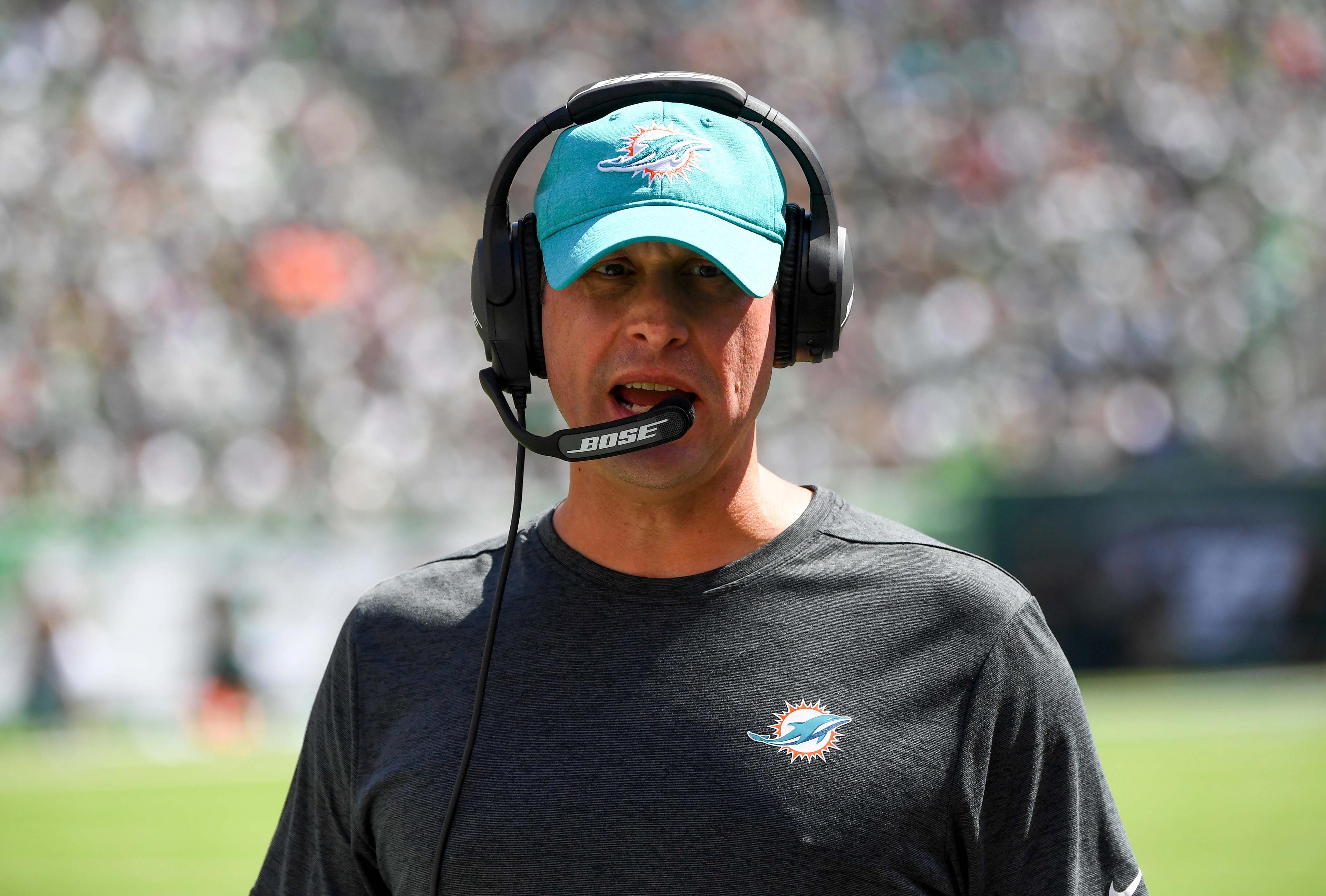 Sep 16, 2018; East Rutherford, NJ, USA; 
Miami Dolphins head coach Adam Gase during the first quarter against the New York Jets at MetLife Stadium. Mandatory Credit: Robert Deutsch-USA TODAY Sports
