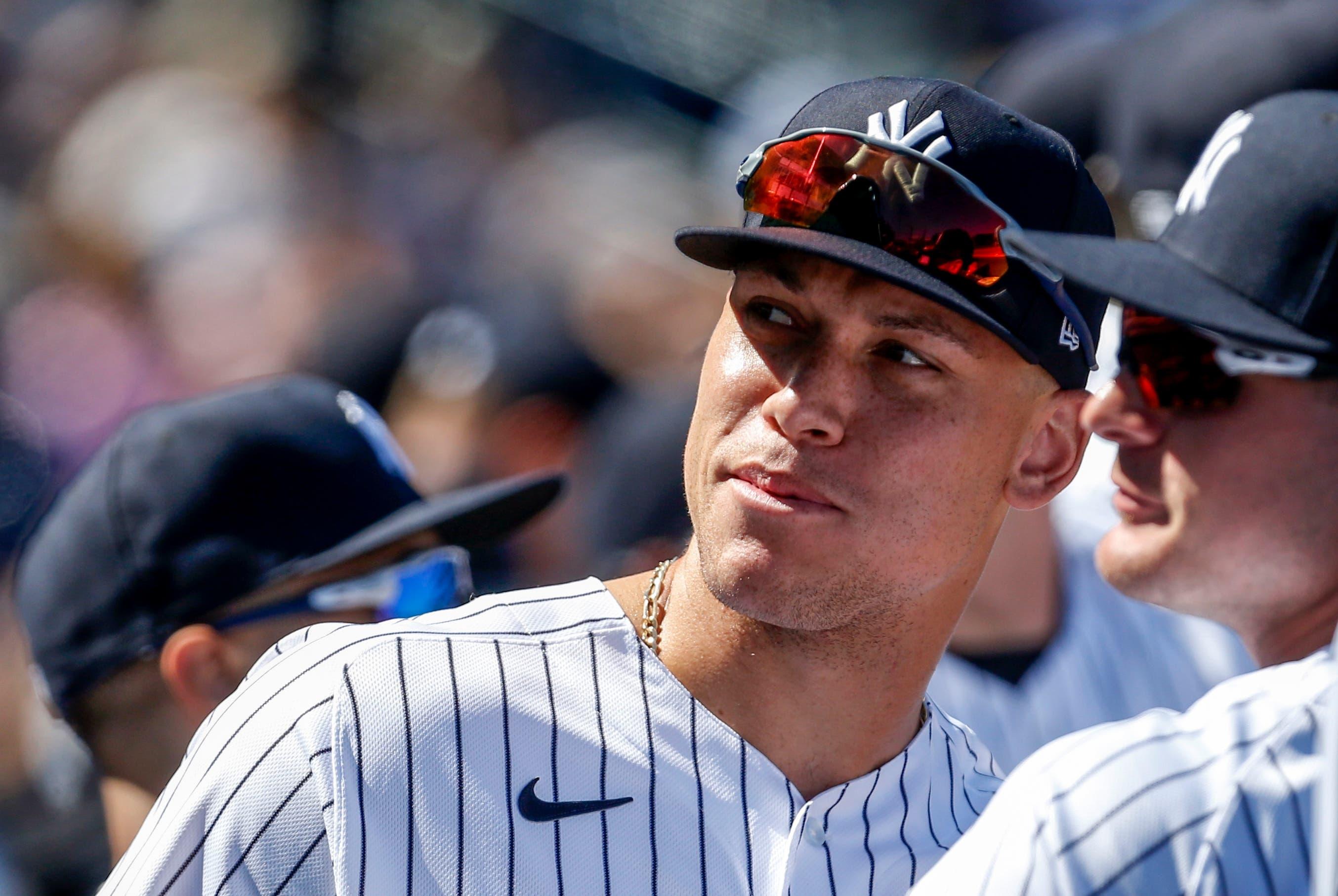 Feb 22, 2020; Tampa, Florida, USA; New York Yankees right fielder Aaron Judge (99) poses for a fan photo during the third inning of a MLB baseball game against the Toronto Blue Jays at George M. Steinbrenner Field. Mandatory Credit: Butch Dill-USA TODAY Sports / Butch Dill