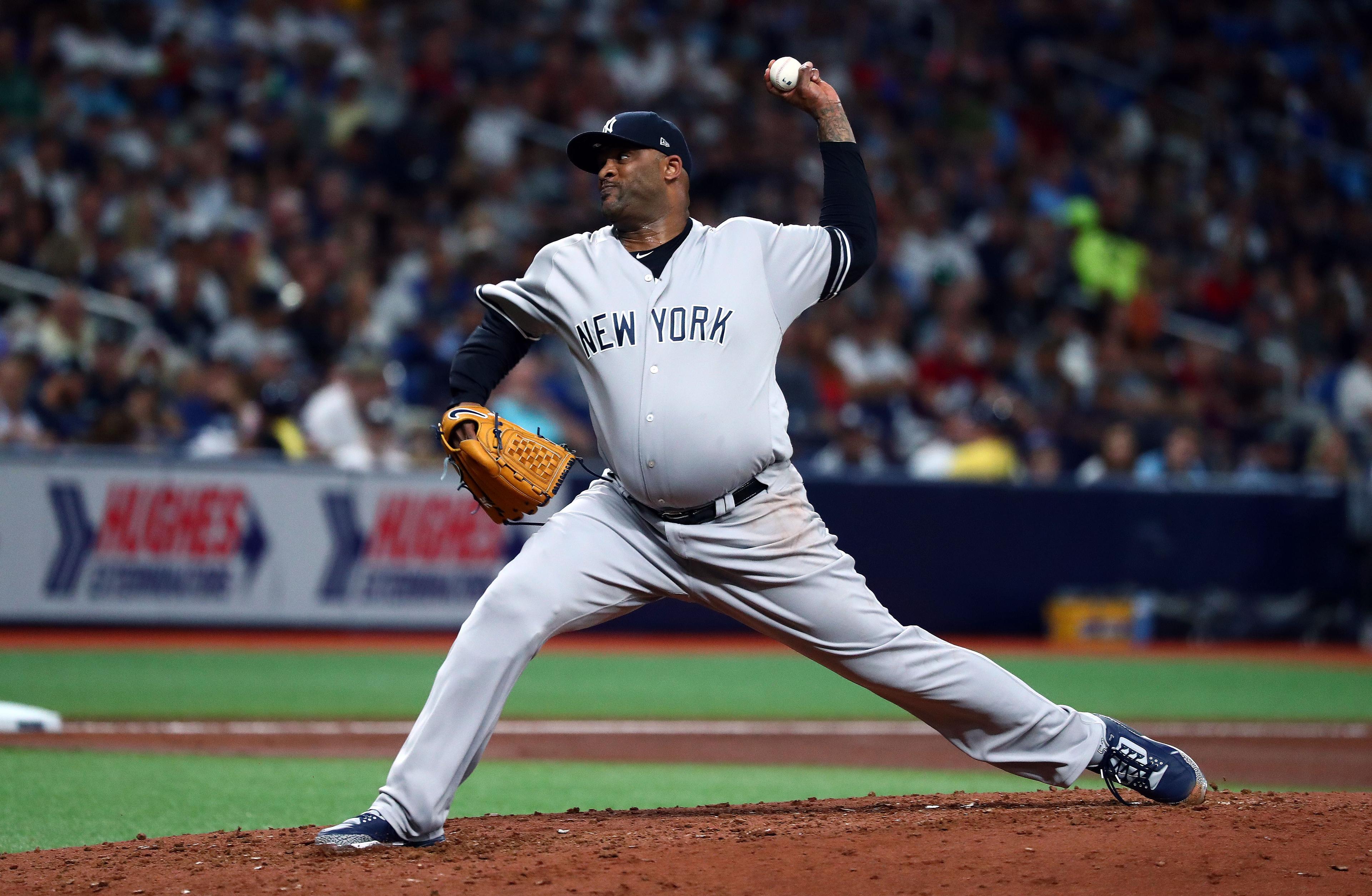 Sep 24, 2019; St. Petersburg, FL, USA; New York Yankees starting pitcher CC Sabathia (52) throws a pitch during the fourth inning against the Tampa Bay Rays at Tropicana Field. Mandatory Credit: Kim Klement-USA TODAY Sports